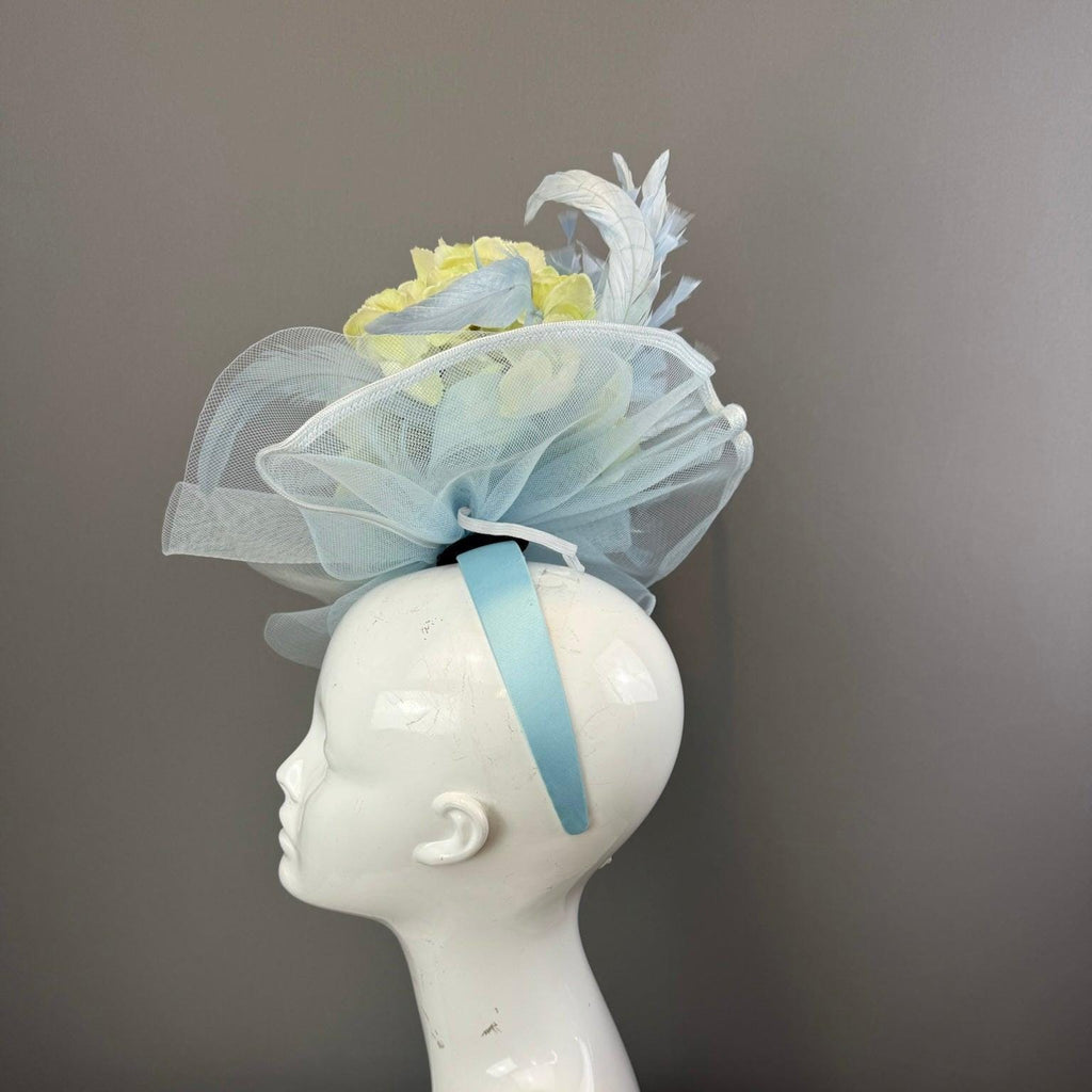 Kentucky Derby Fascinator Hat | Cream and Blue Flower headpiece | Derbyologie