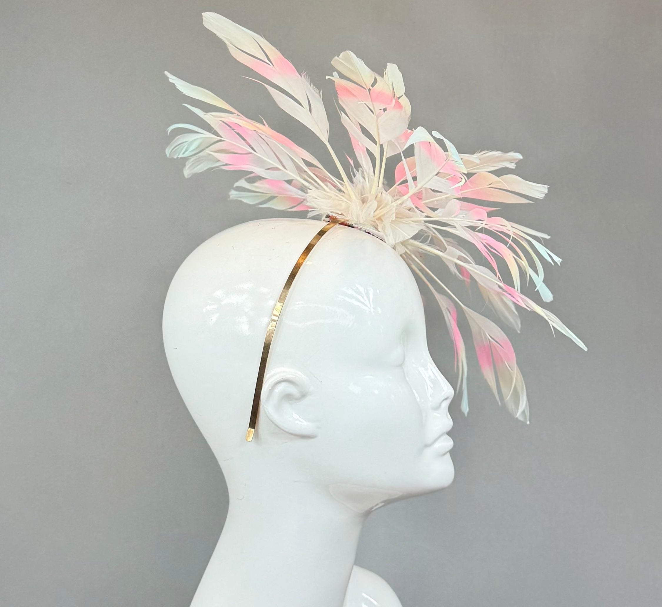 HUGE tie-dyed feather flower Kentucky Derby Fascinator, derby hat Kentucky Derby Hat, Feather Fascinator, (GOLD LINE)