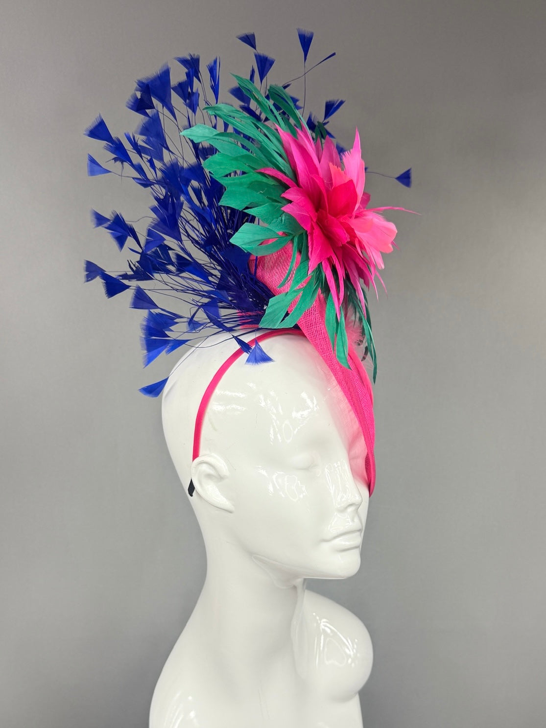 Kentucky Derby Fascinator Hat |  Pink and green feathered dahlia with blue feathers Headpiece | Derbyologie