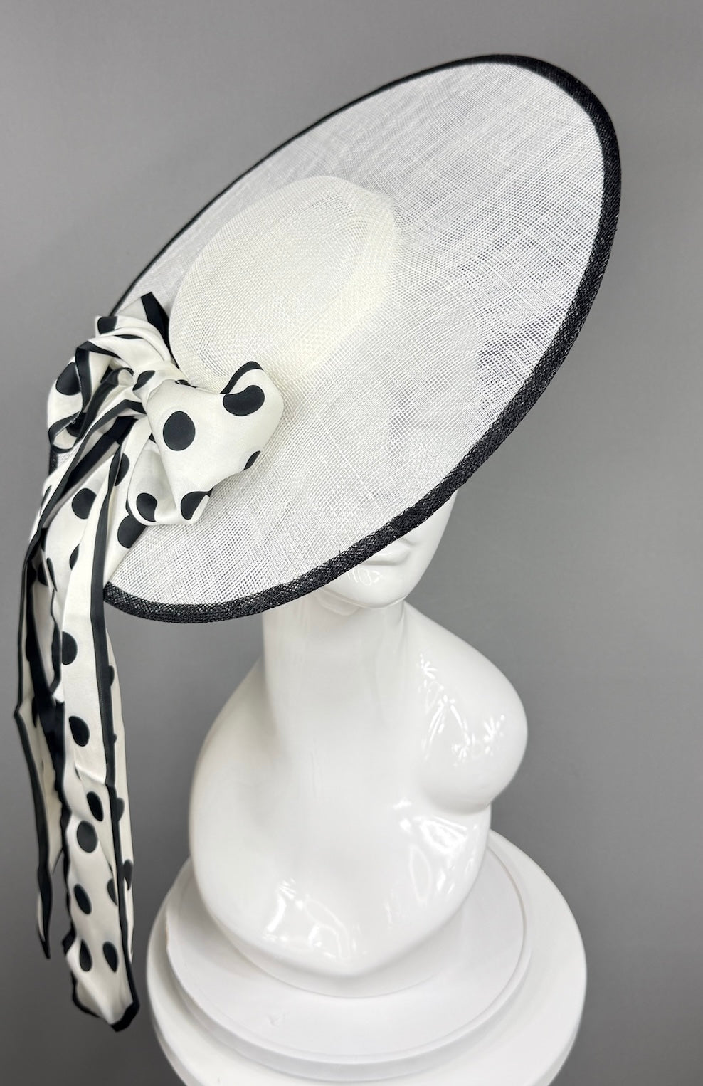 Kentucky Derby Fascinator Hat | White mat with black polka dot bow Headpiece | Derbyologie