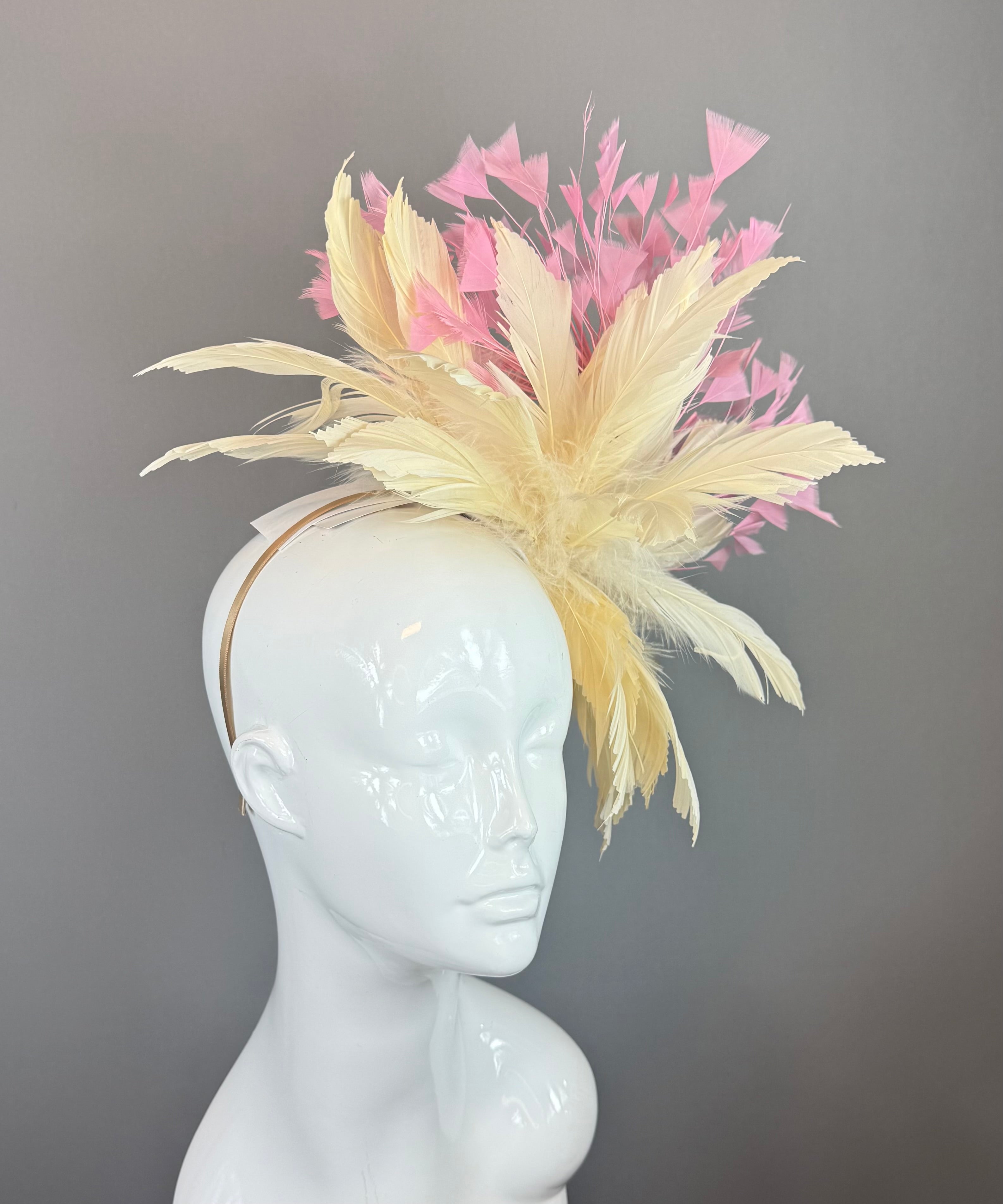 Kentucky Derby Fascinator Hat | Pink & Beige Feather Flower Headpiece | Derbyologie