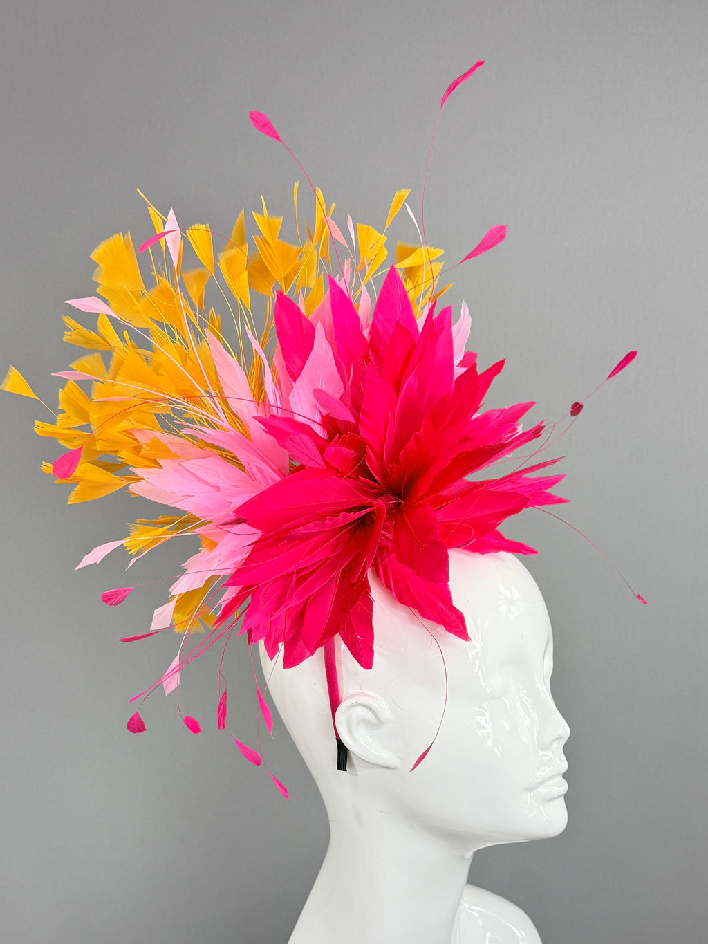 Kentucky Derby Fascinator Hat | fuchsia, pink, and yellow feathered Headpiece | Derbyologie
