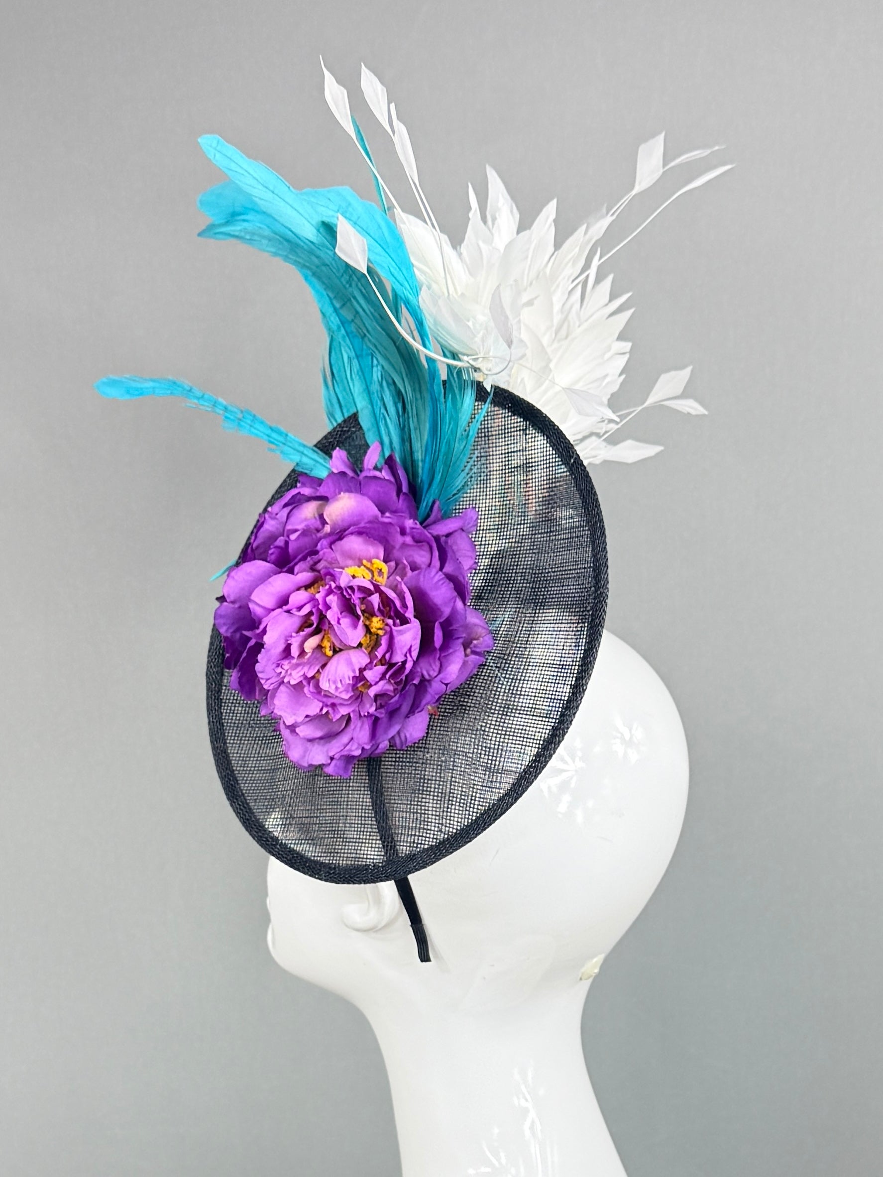 Kentucky Derby Fascinator Hat | Purple, white, teal, and black Headpiece | Derbyologie