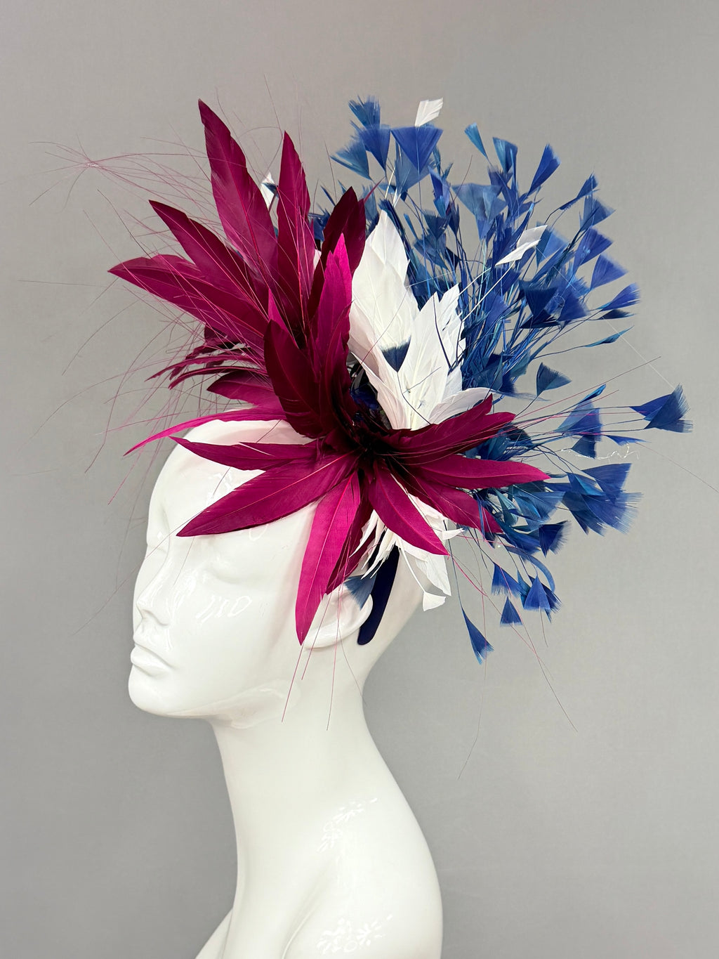 Kentucky Derby Fascinator Hat | Burgundy, white, and blue feathered Headband Hat | Derbyologie