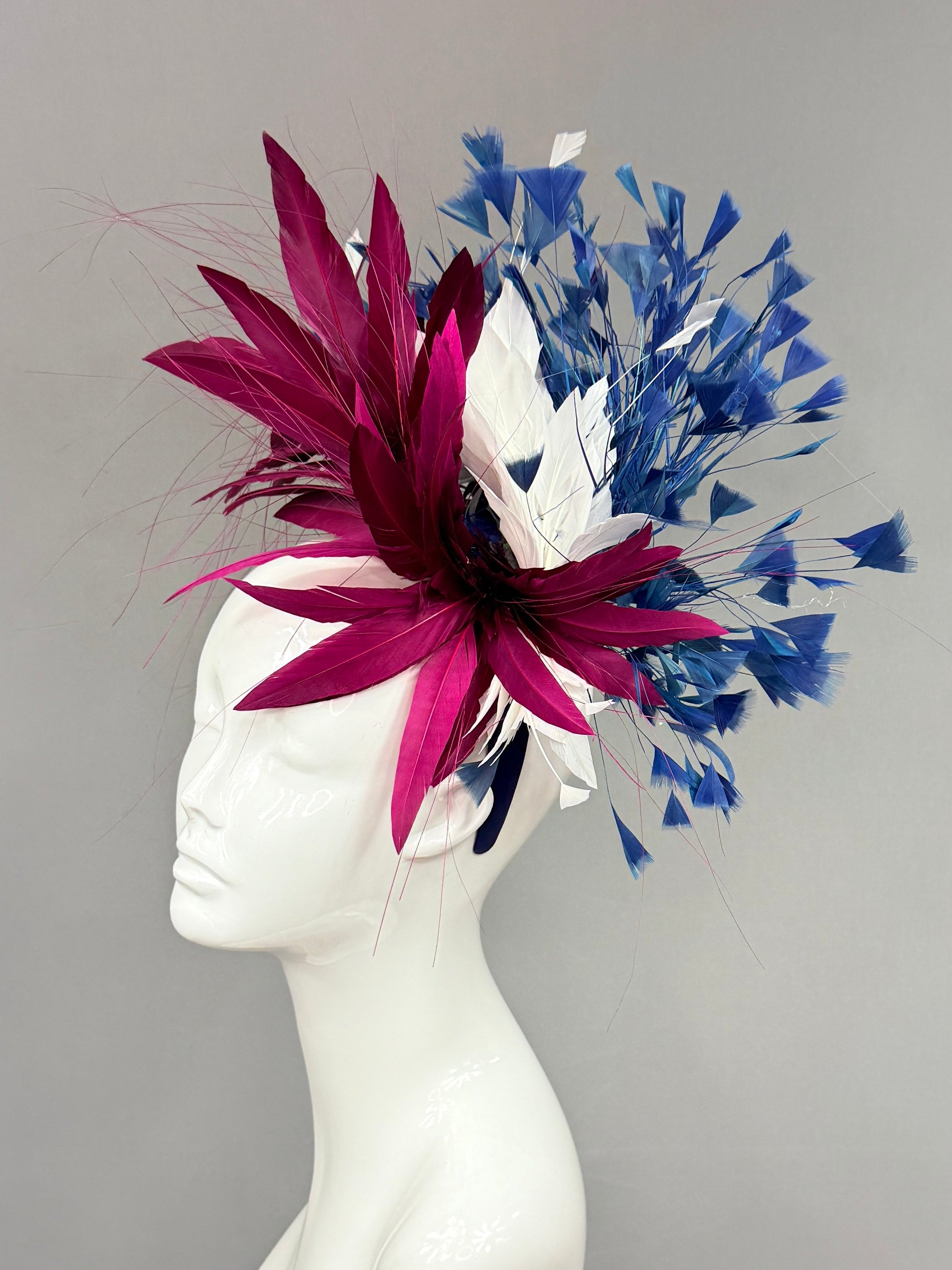Kentucky Derby Fascinator Hat | Burgundy, white, and blue feathered Headband Hat | Derbyologie