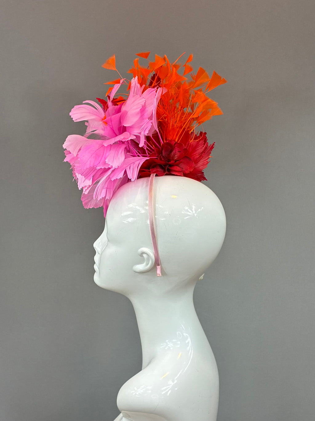 Kentucky Derby Fascinator Hat | Orange, pink, and red feathered Headband Hat | Derbyologie