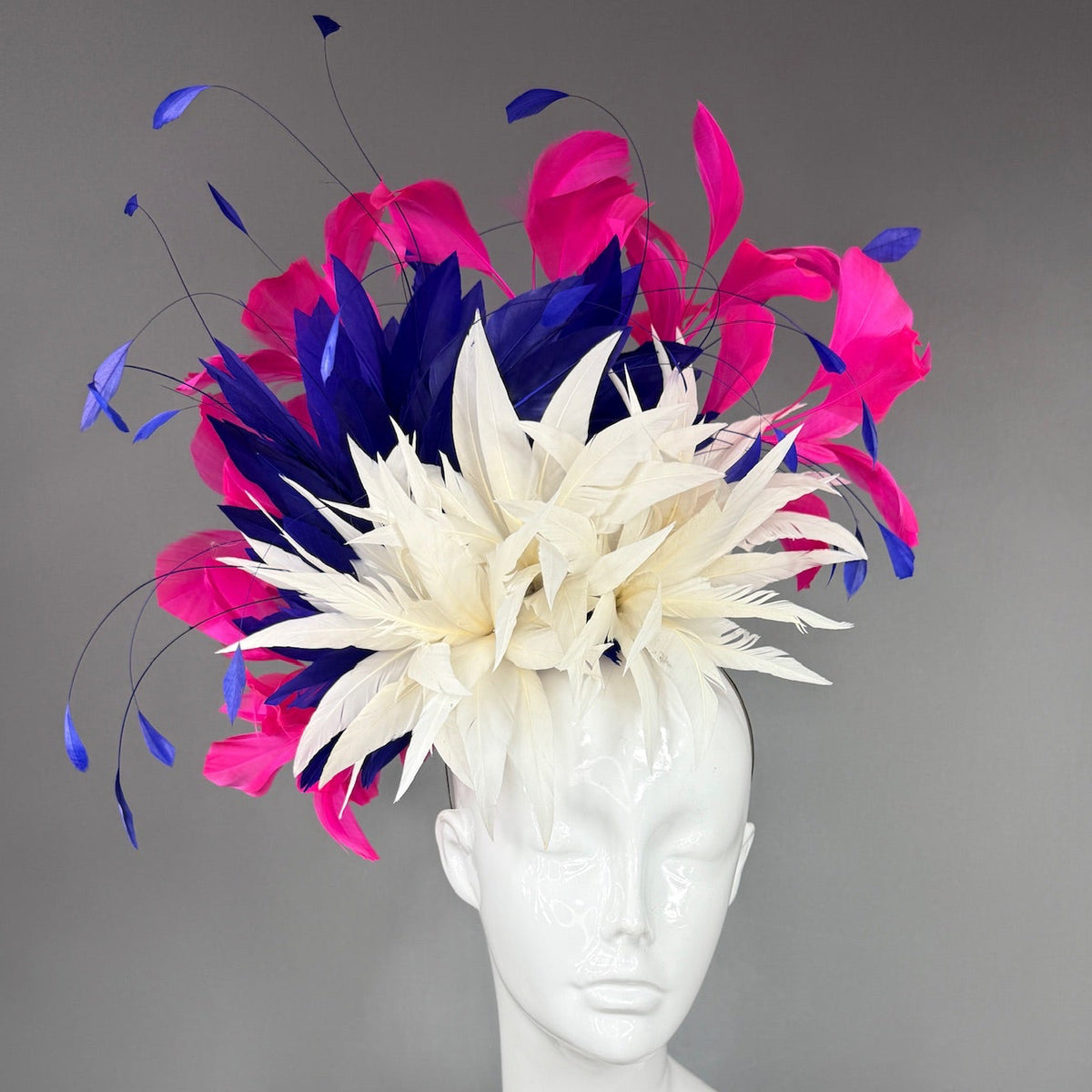 Kentucky Derby Fascinator Hat |  White, navy, and pink feathered  Headpiece | Derbyologie