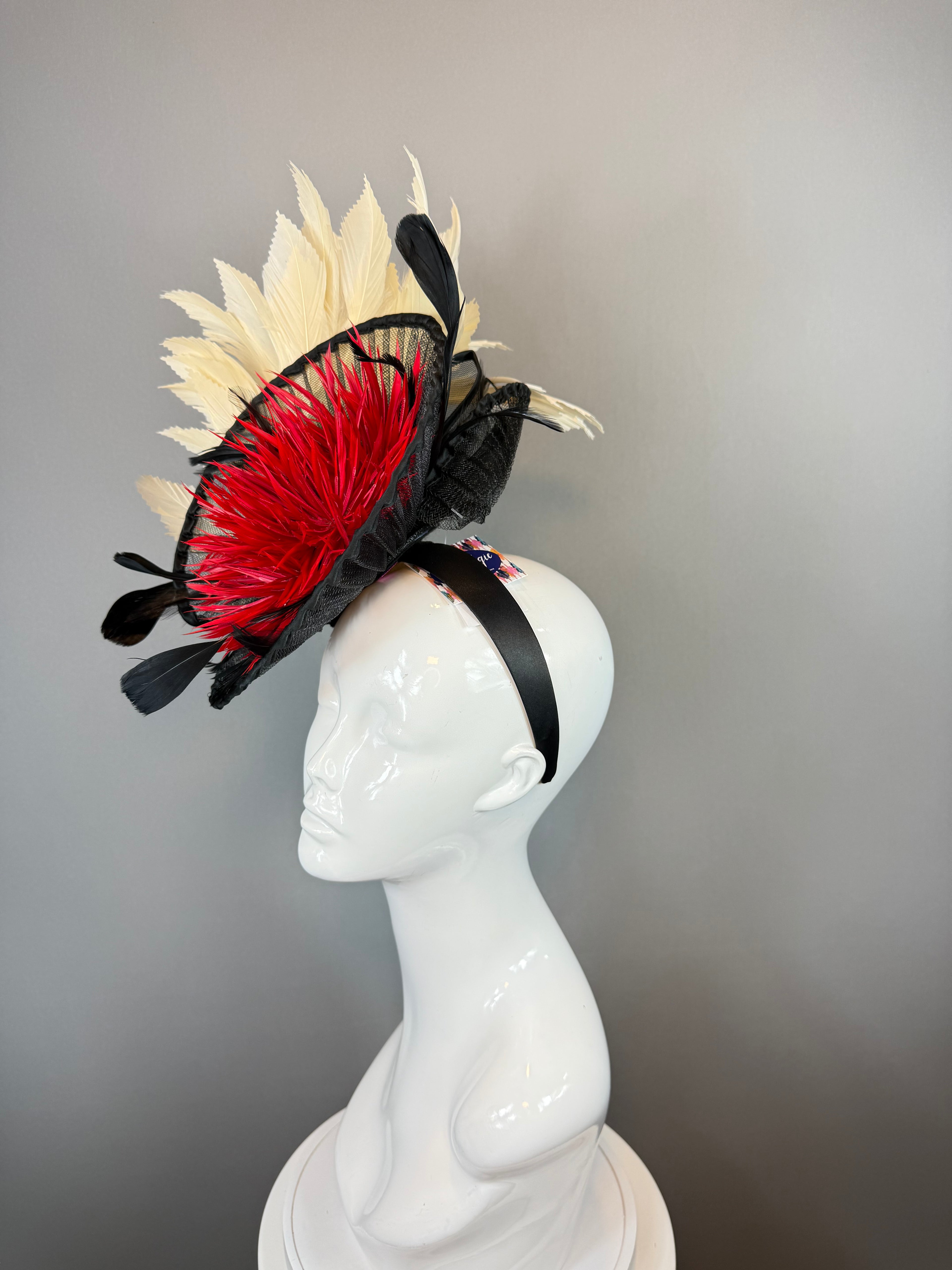 Kentucky Derby Fascinator Hat | Black, red, cream feather Headpiece | Derbyologie