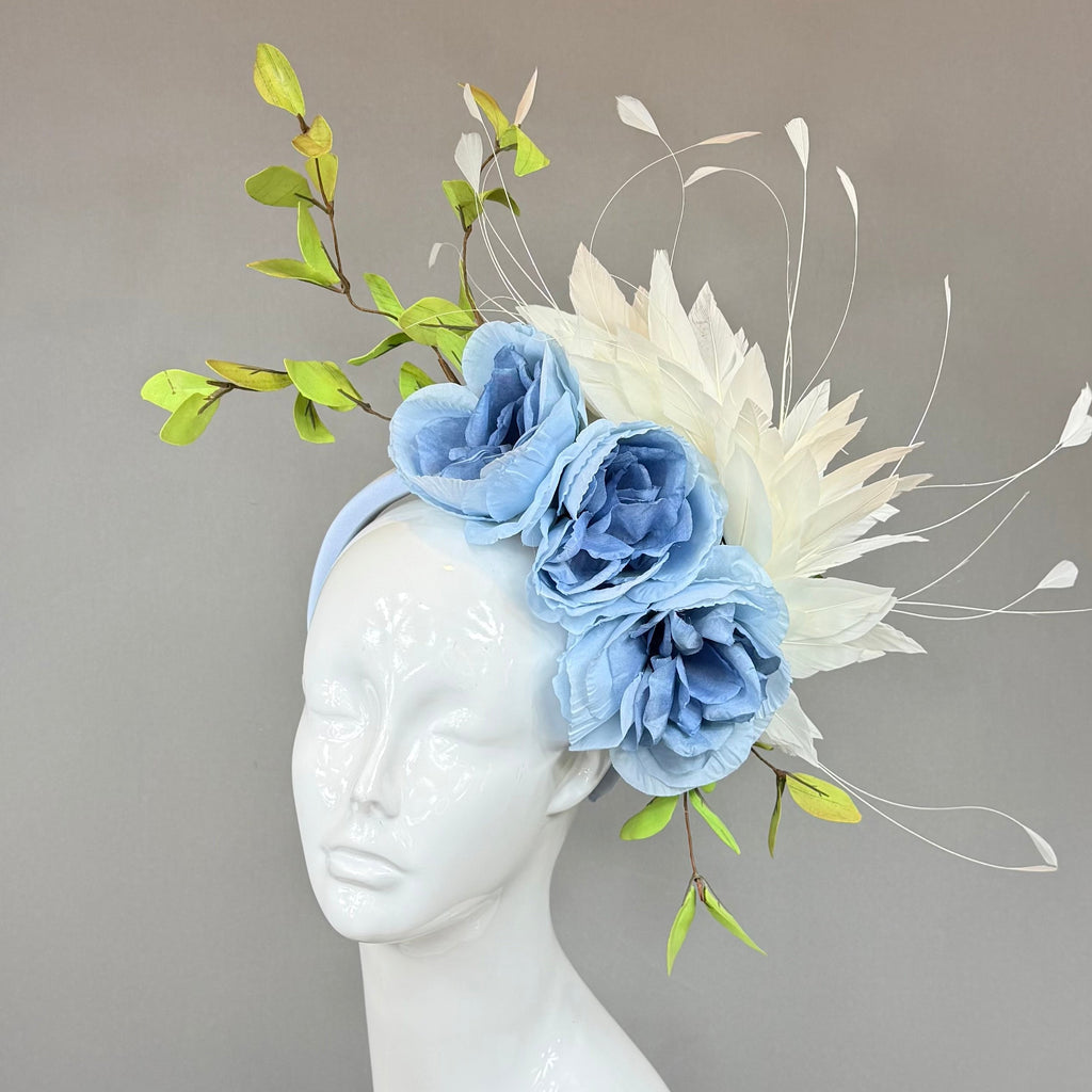 Kentucky Derby Fascinator Hat | Blue, Green & White Flower Headpiece | Derbyologie