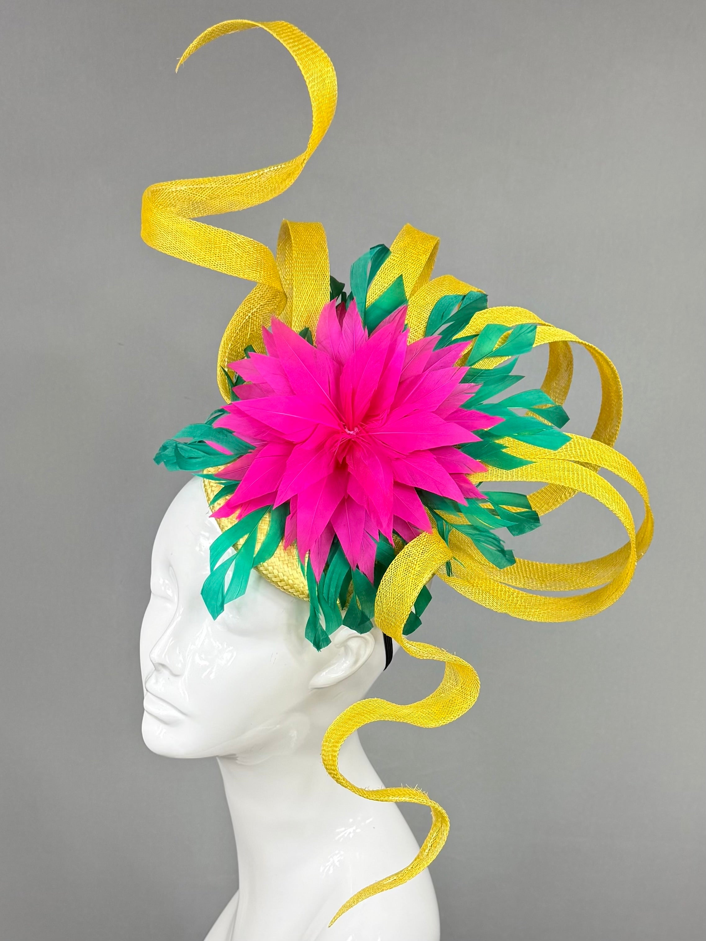 Kentucky Derby Fascinator Hat | Fuchsia, green, and yellow  Headband Hat | Derbyologie