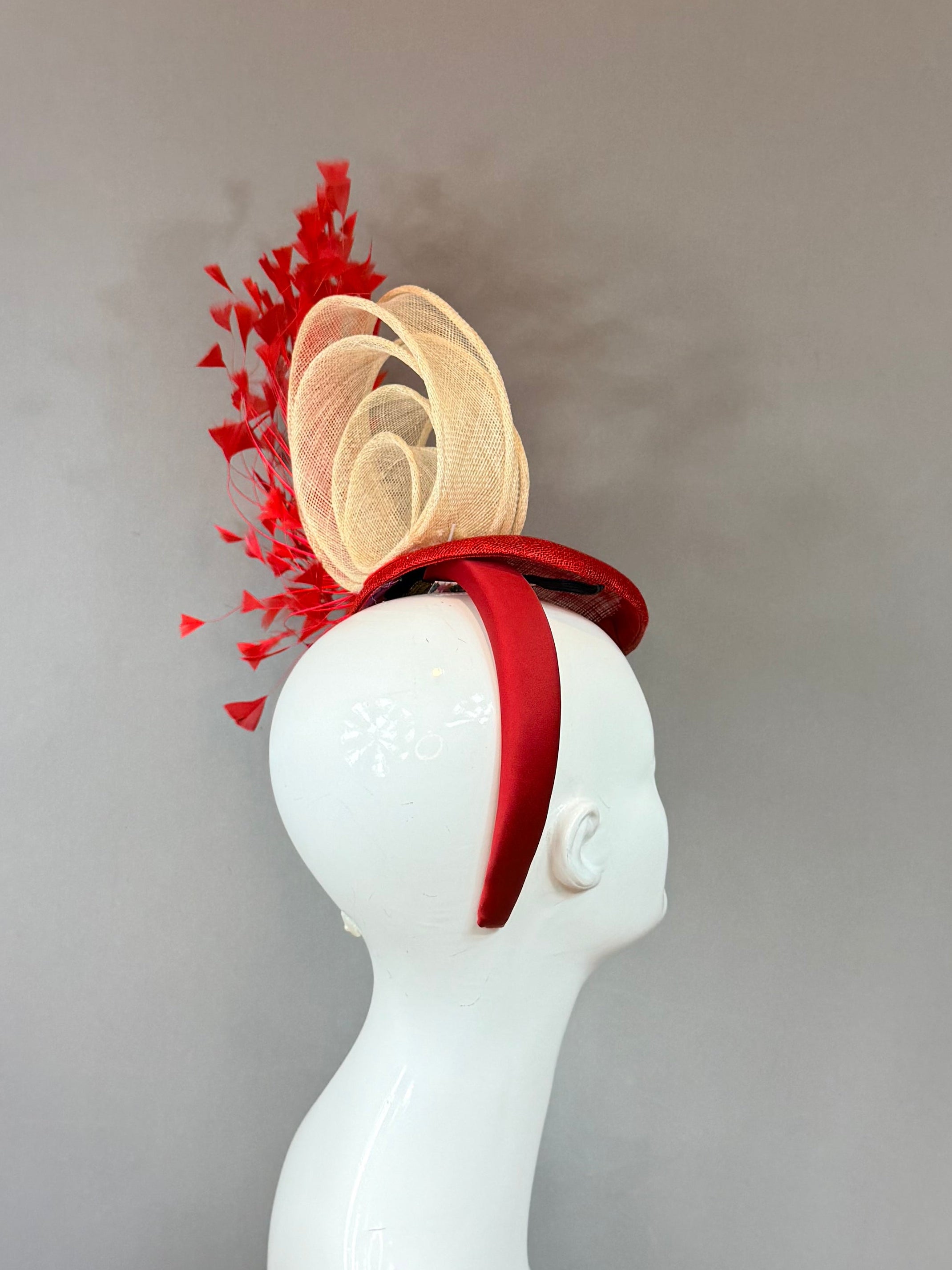Kentucky Derby Fascinator | Red and Beige Feather Hat | Derbyologie