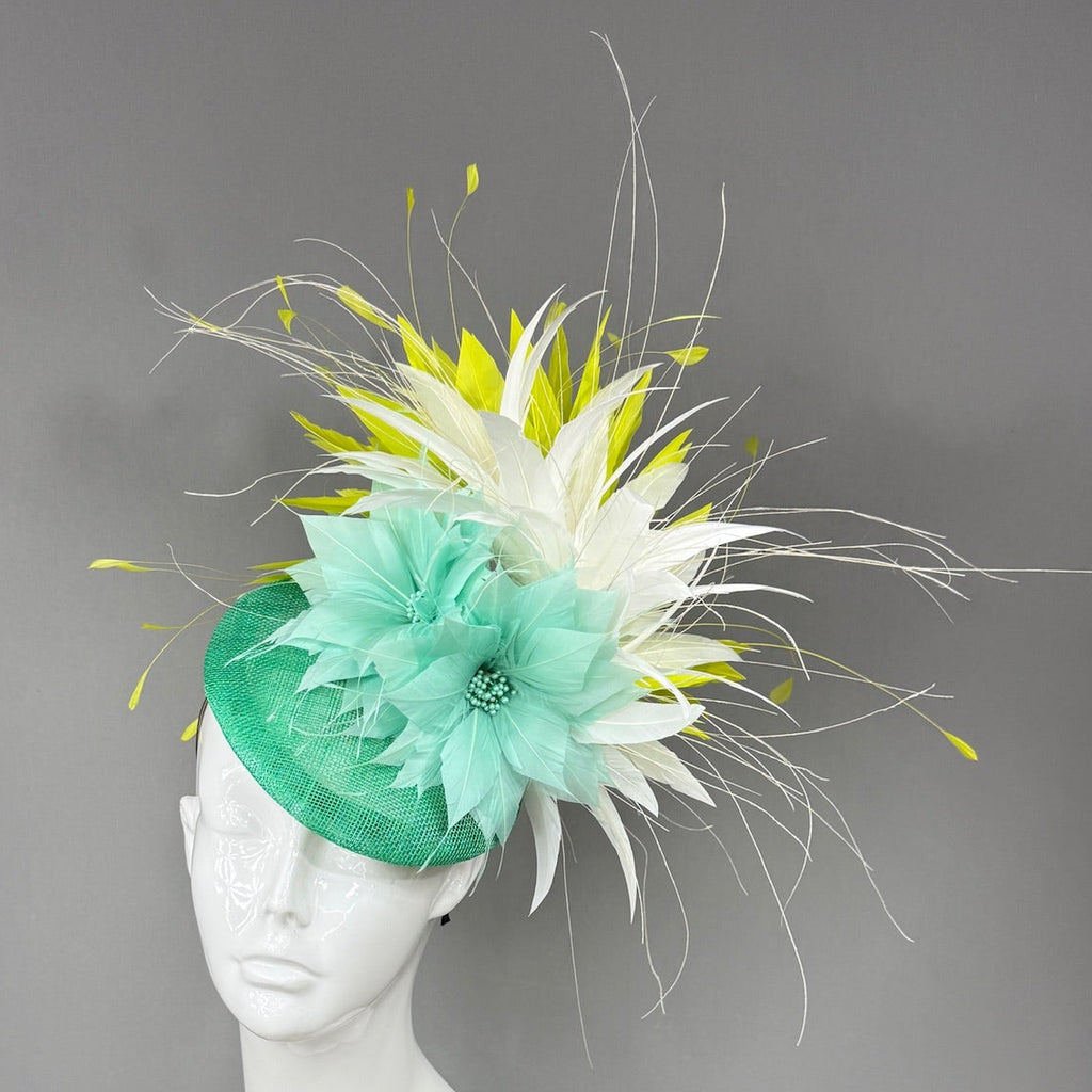 Kentucky Derby Fascinator Hat | Mint green poinsettias, with white and lime green feathers Headpiece | Derbyologie