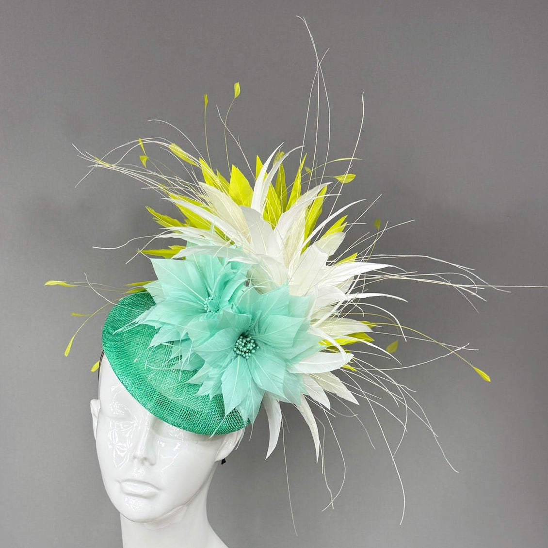 Kentucky Derby Fascinator Hat | Mint green poinsettias, with white and lime green feathers Headpiece | Derbyologie
