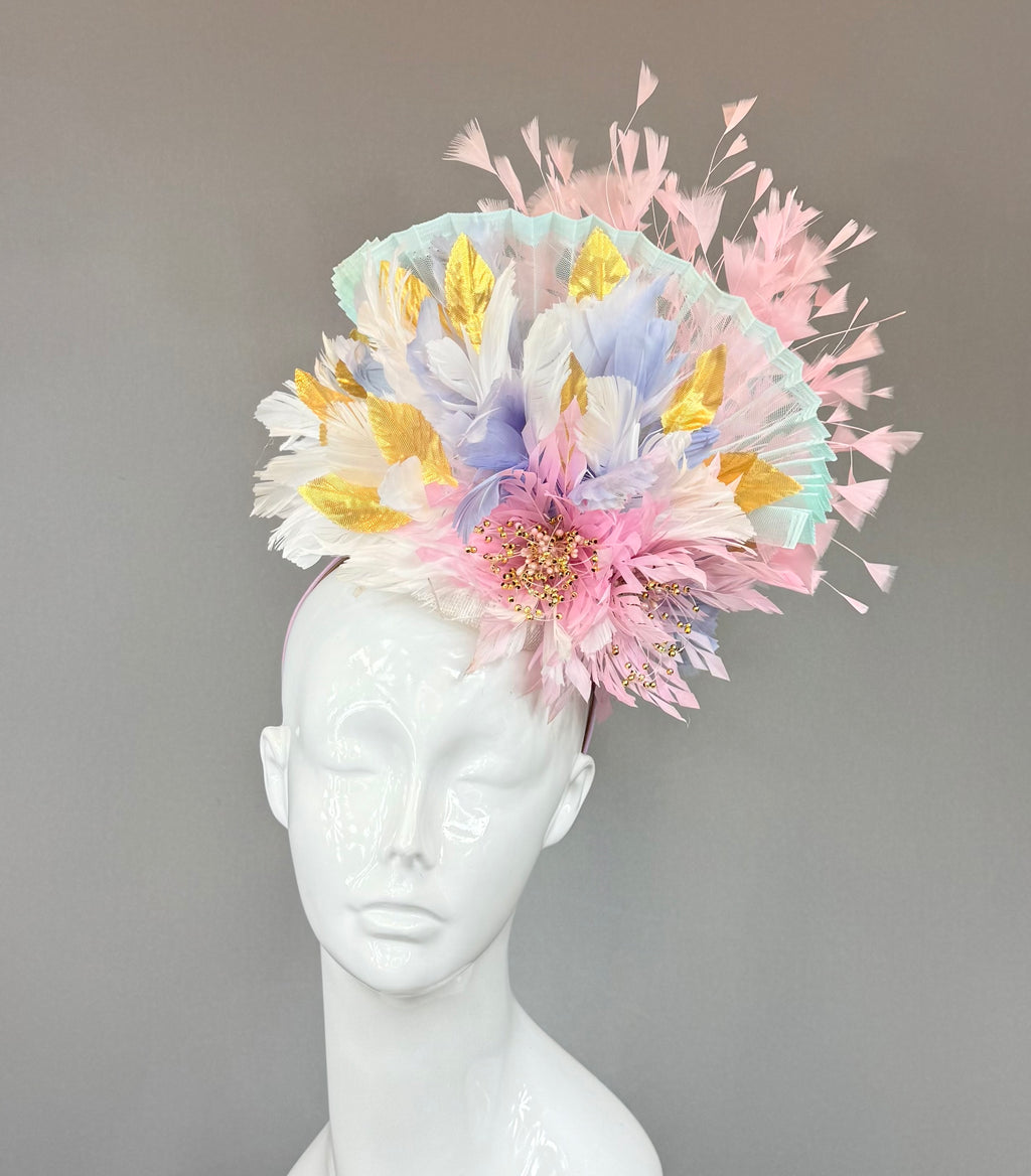 Pink, purple, gold and white Kentucky Derby Fascinator, derby hat Kentucky Derby Hat Alternative, Floral Fascinator, (PLATINUM LINE)