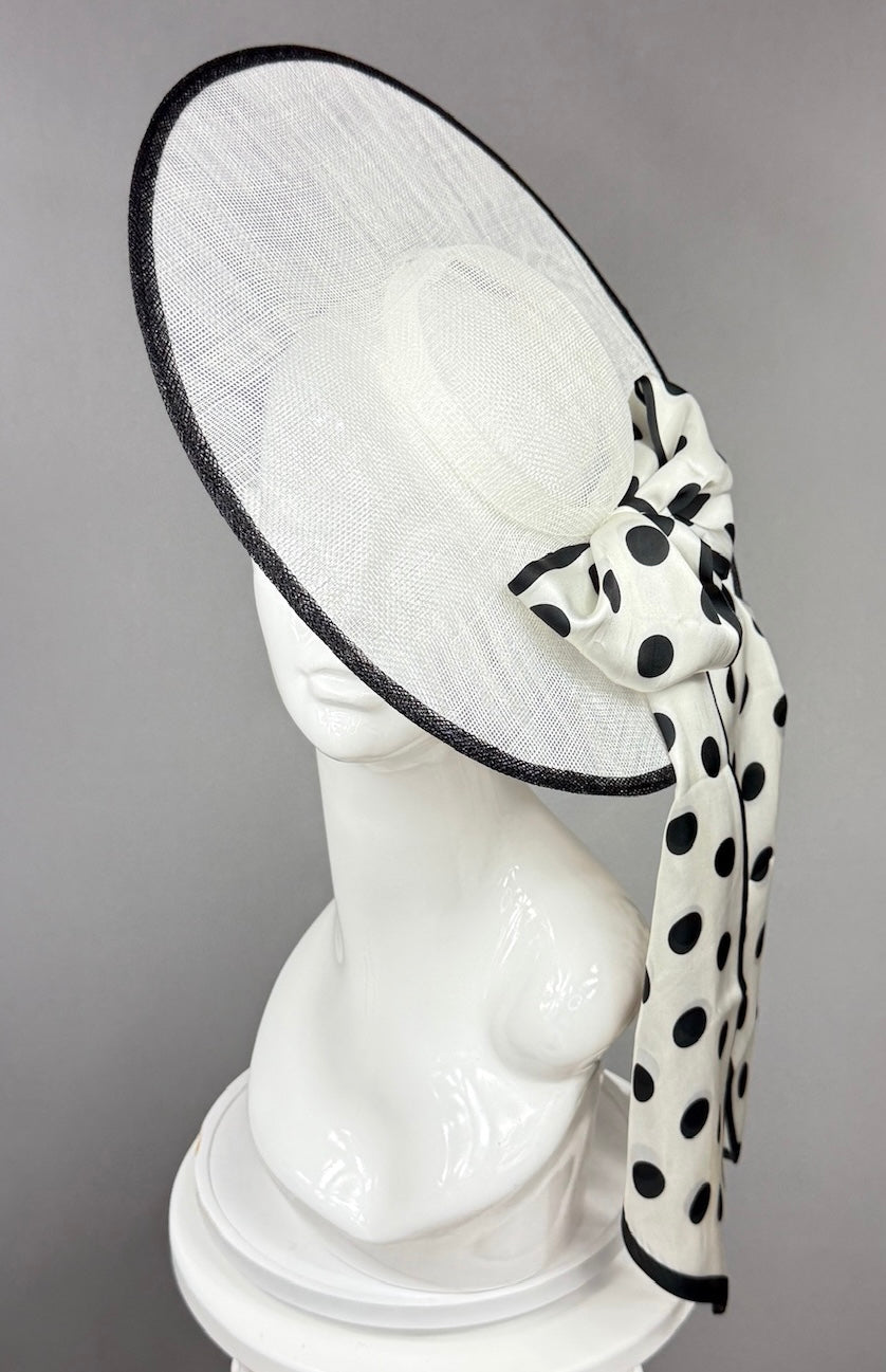 Kentucky Derby Fascinator Hat | White mat with black polka dot bow Headpiece | Derbyologie