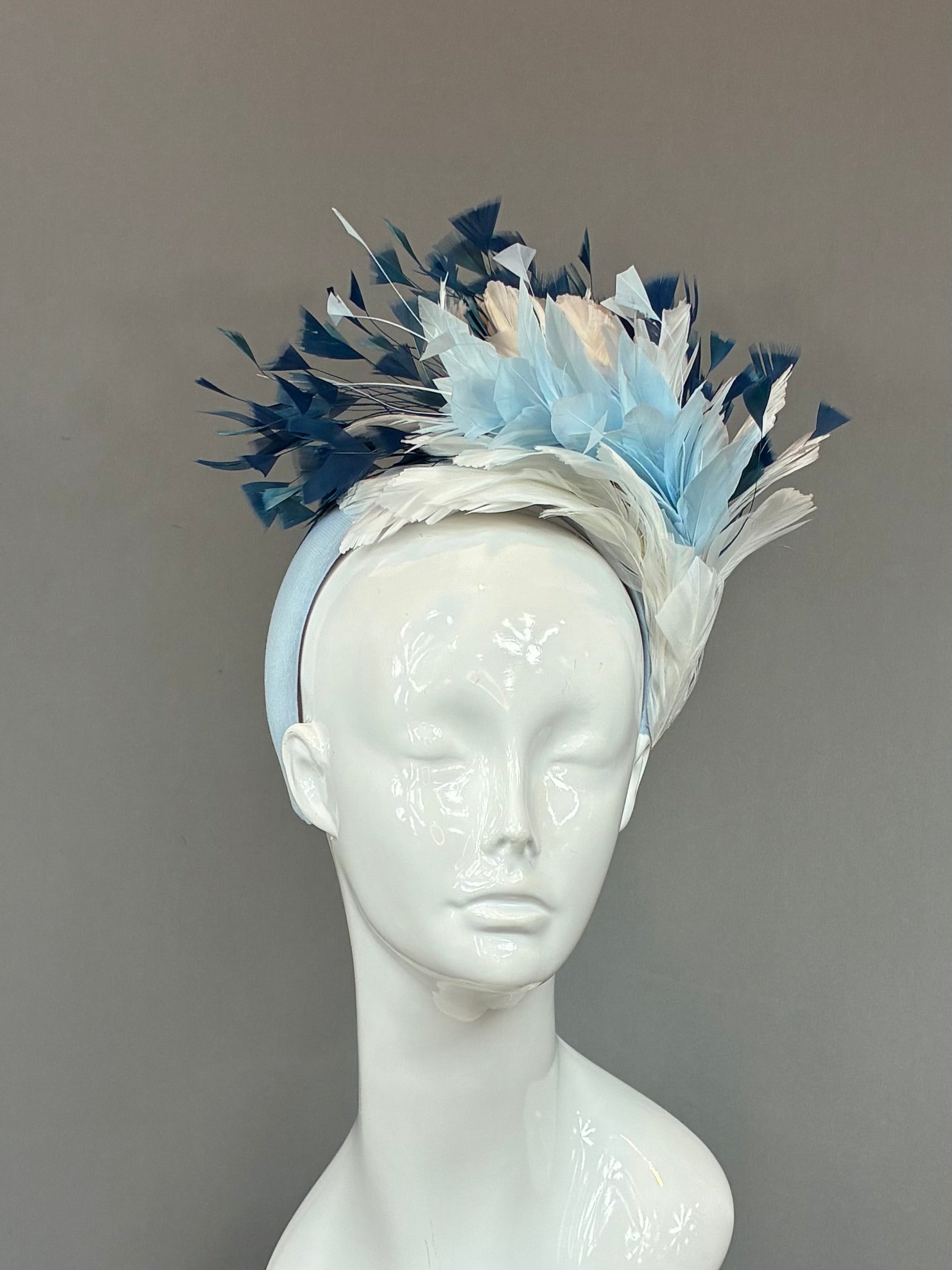 Kentucky Derby Fascinator Hat |Blue and white feathered Headband Hat | Derbyologie