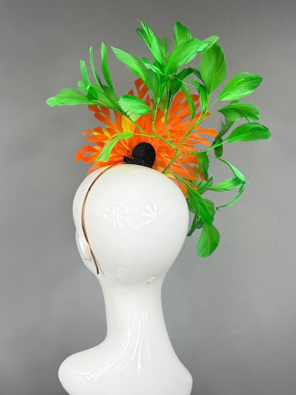 Kentucky Derby Fascinator Hat |  Yellow and Orange feathered dahlia and green feathers Headpiece | Derbyologie