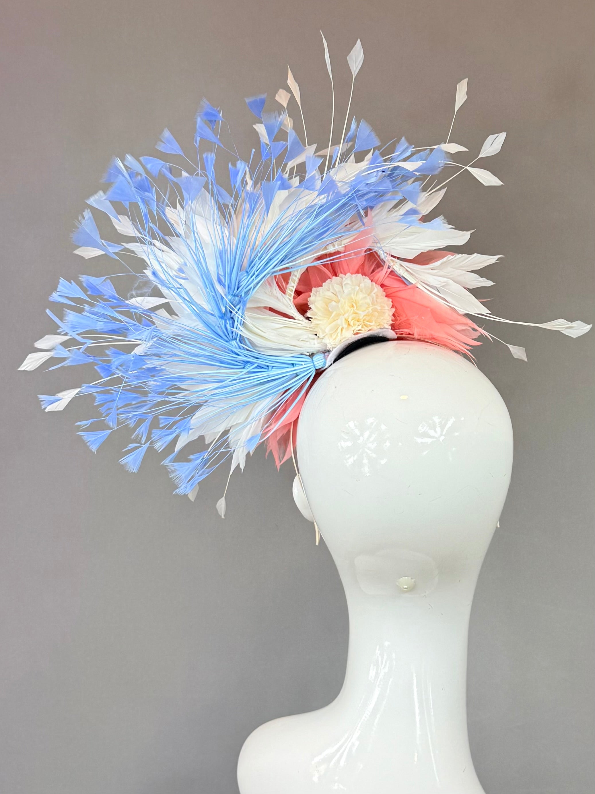 Kentucky Derby Fascinator Hat | Coral, white, and blue feathered Headband Hat | Derbyologie