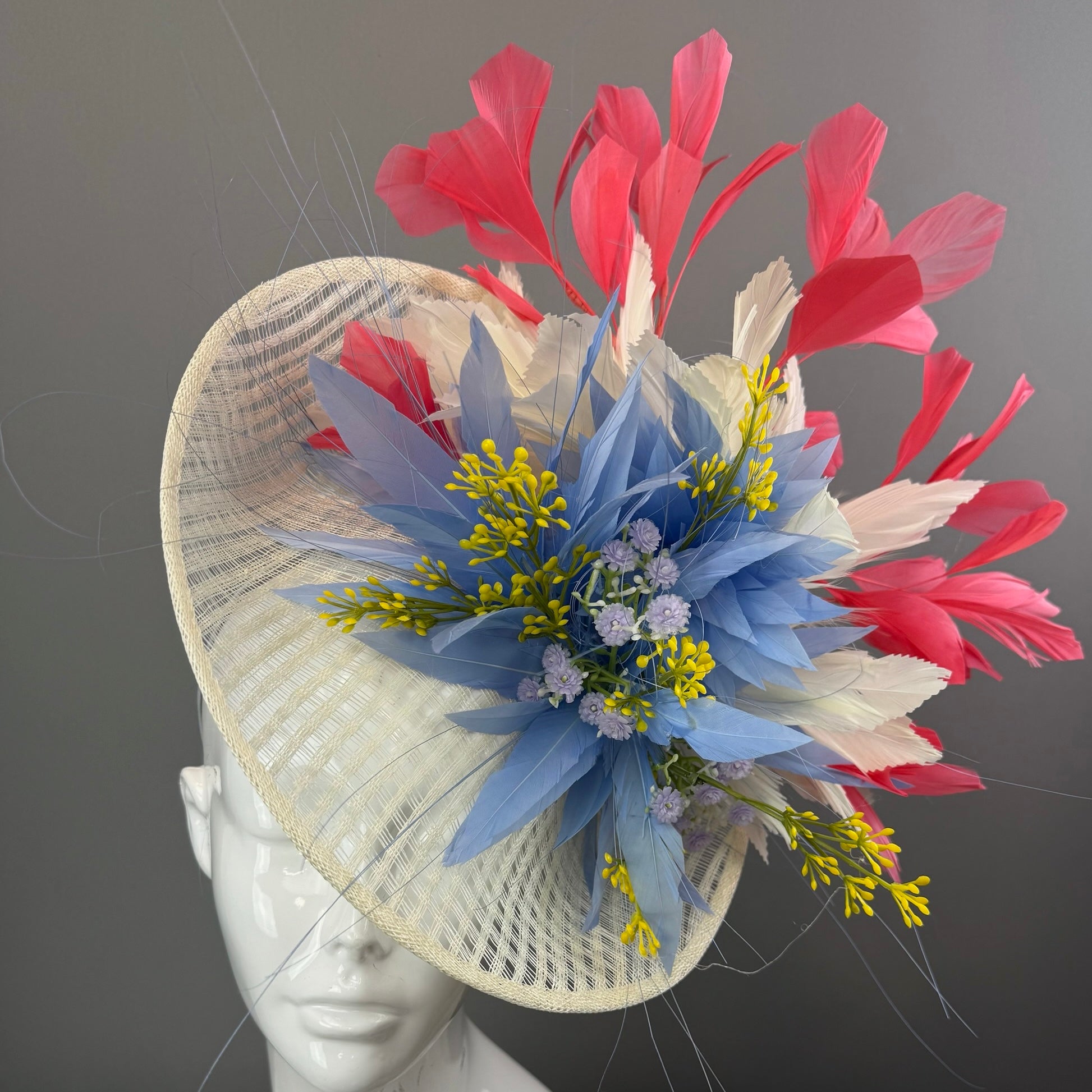 Cream, Blue and Pink Kentucky Derby fascinator, Derby Hat Alternative (GOLD LINE)