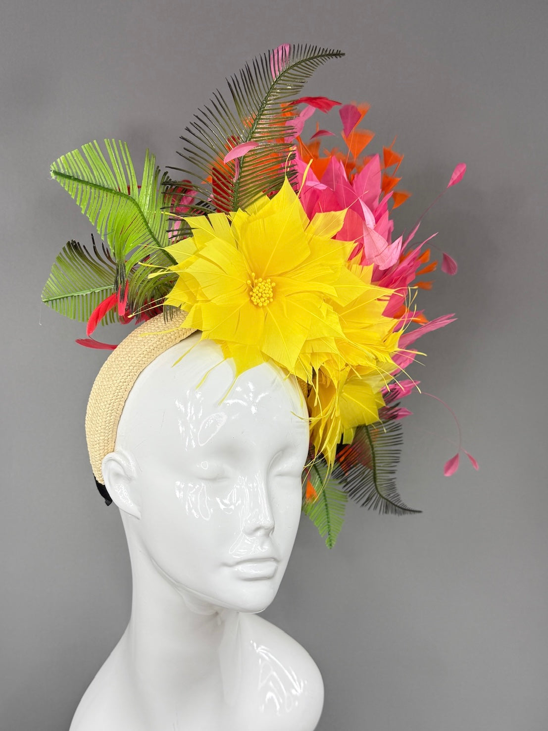 Kentucky Derby Fascinator Hat | Yellow dahlias, pink and orange feathers Headpiece | Derbyologie