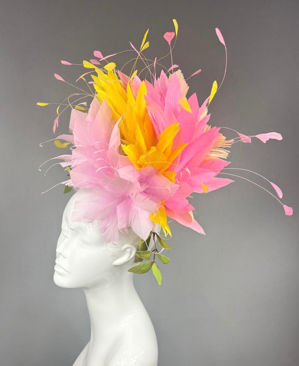 Kentucky Derby Fascinator Hat |  Pink and yellow feathers and leaves Headpiece | Derbyologie