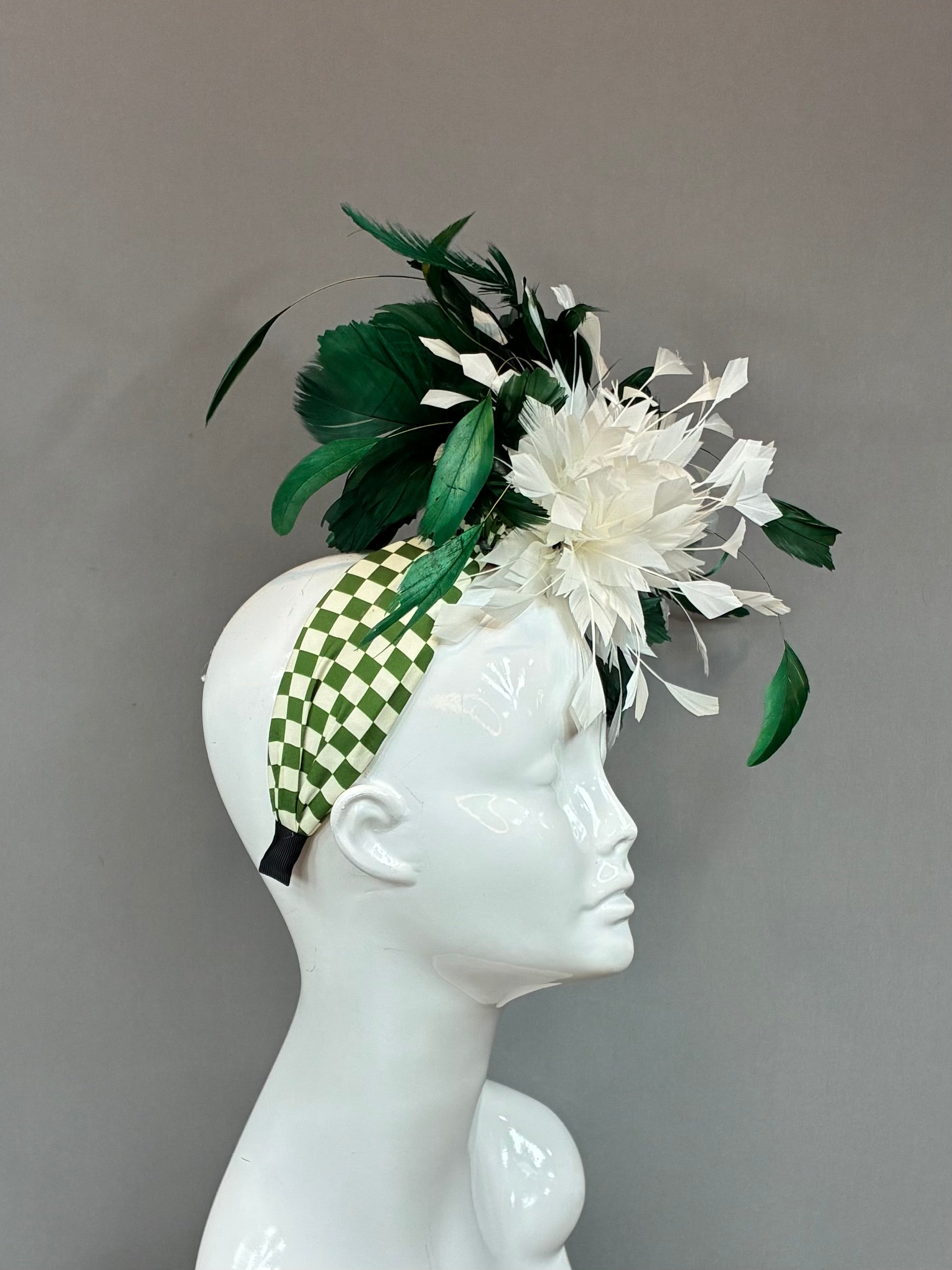Kentucky Derby Fascinator Hat | Green and white feathered Headband Hat | Derbyologie