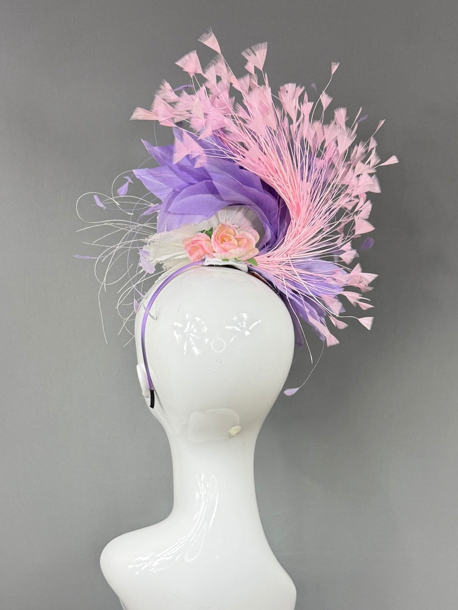 Kentucky Derby Fascinator Hat |White purple and pink feathered Headpiece | Derbyologie