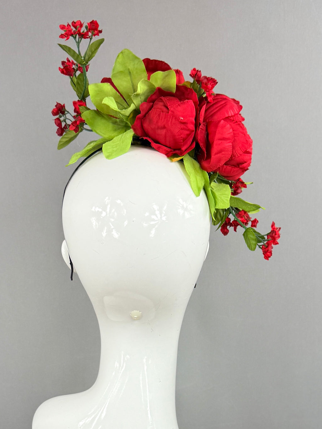 Kentucky Derby Fascinator Hat | Red peonies with green leaves  Headpiece | Derbyologie