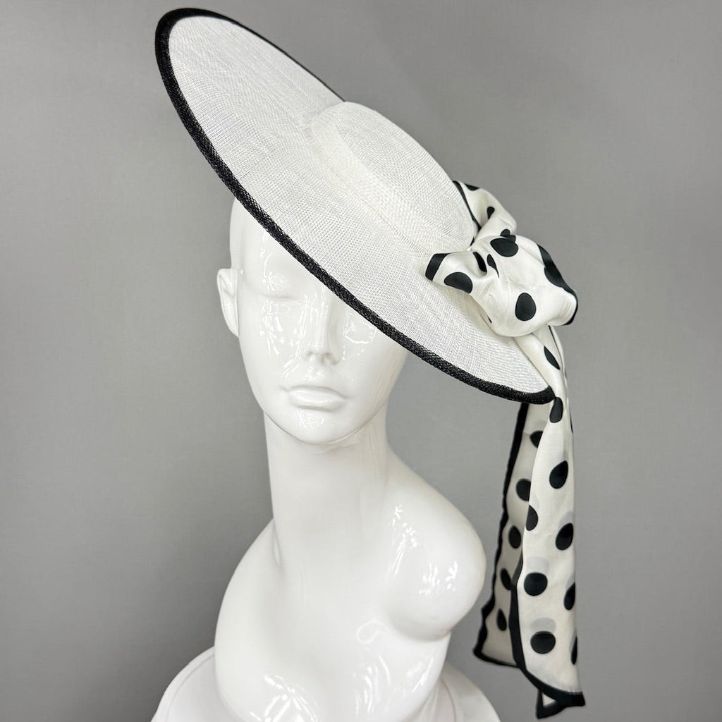 Kentucky Derby Fascinator Hat | White mat with black polka dot bow Headpiece | Derbyologie