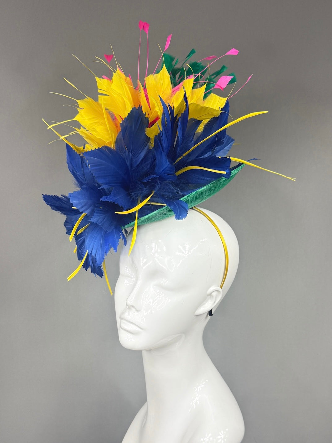 Kentucky Derby Fascinator Hat |  Navy, yellow, pink, and green feathered Headpiece | Derbyologie