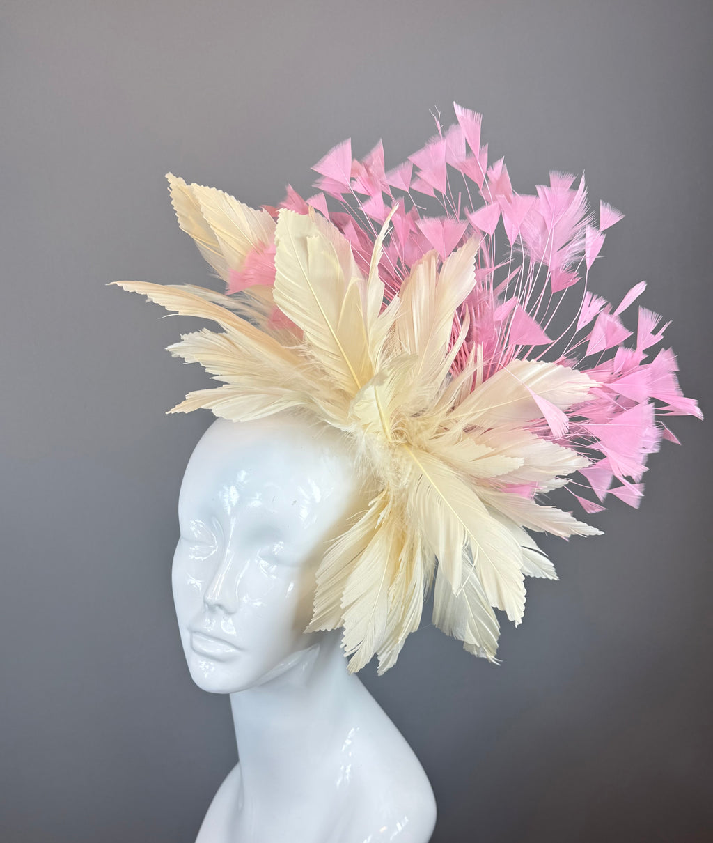 Kentucky Derby Fascinator Hat | Pink & Beige Feather Flower Headpiece | Derbyologie