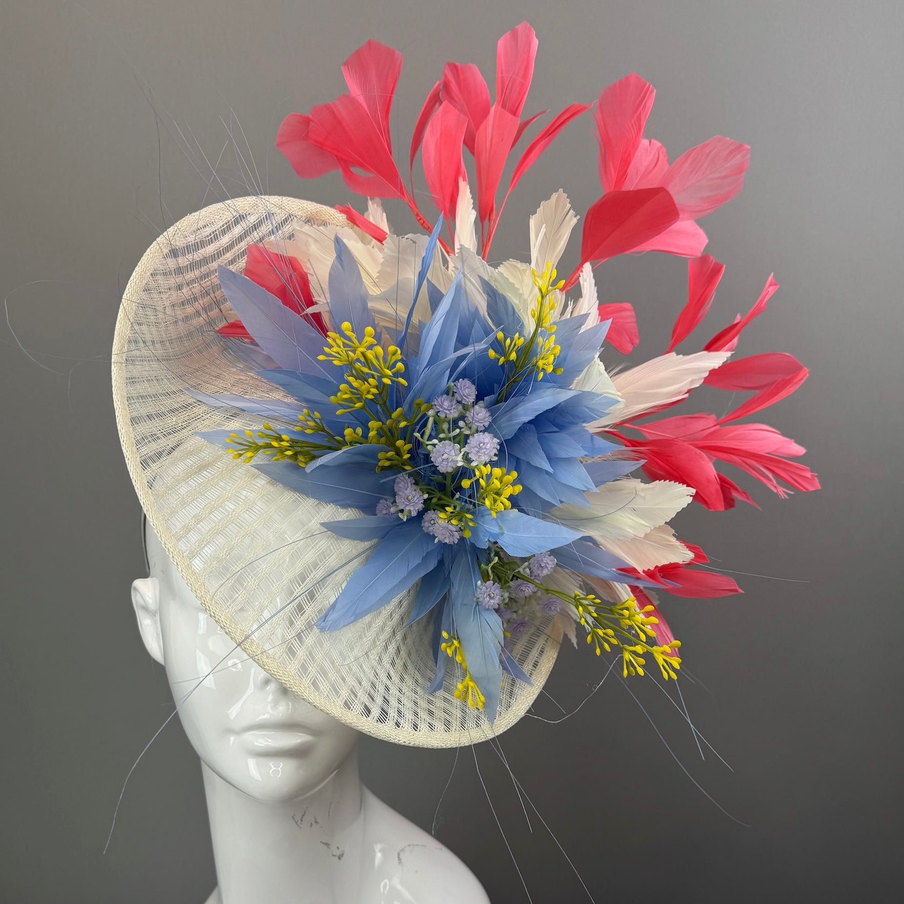Cream, Blue and Pink Kentucky Derby fascinator, Derby Hat Alternative (GOLD LINE)