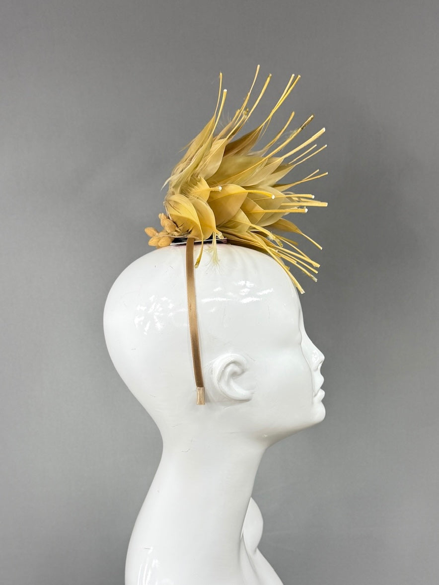 Kentucky Derby Fascinator Hat | Gold feathered dahlia Headpiece | Derbyologie