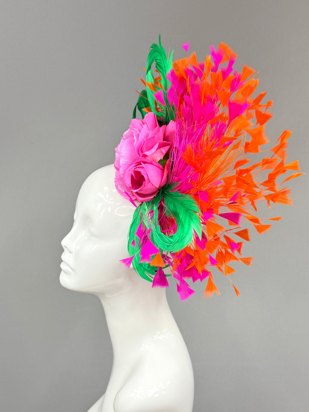 Kentucky Derby Fascinator Hat | Orange, pink, and green feathered Headband Hat | Derbyologie