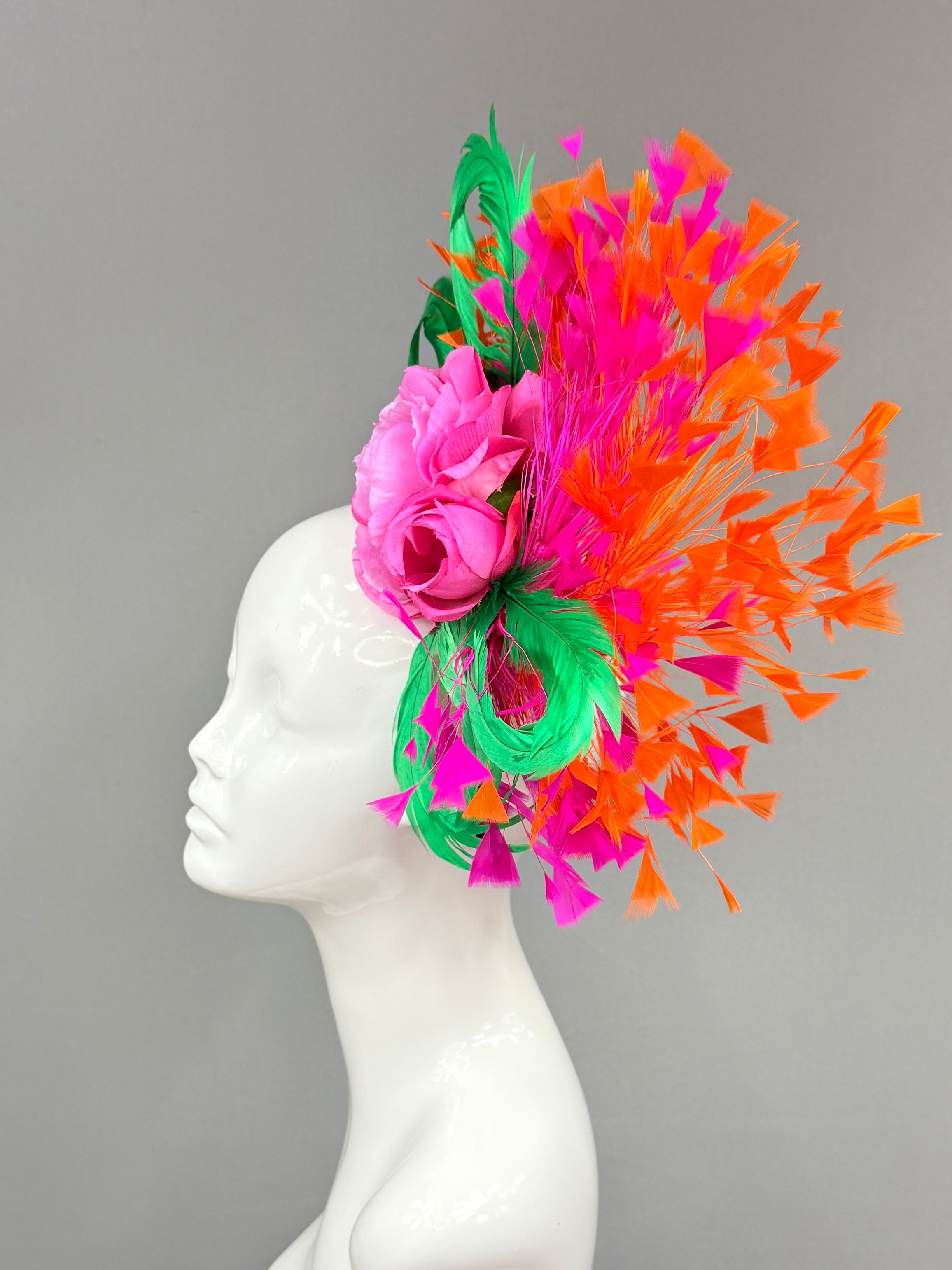 Kentucky Derby Fascinator Hat | Orange, pink, and green feathered Headband Hat | Derbyologie