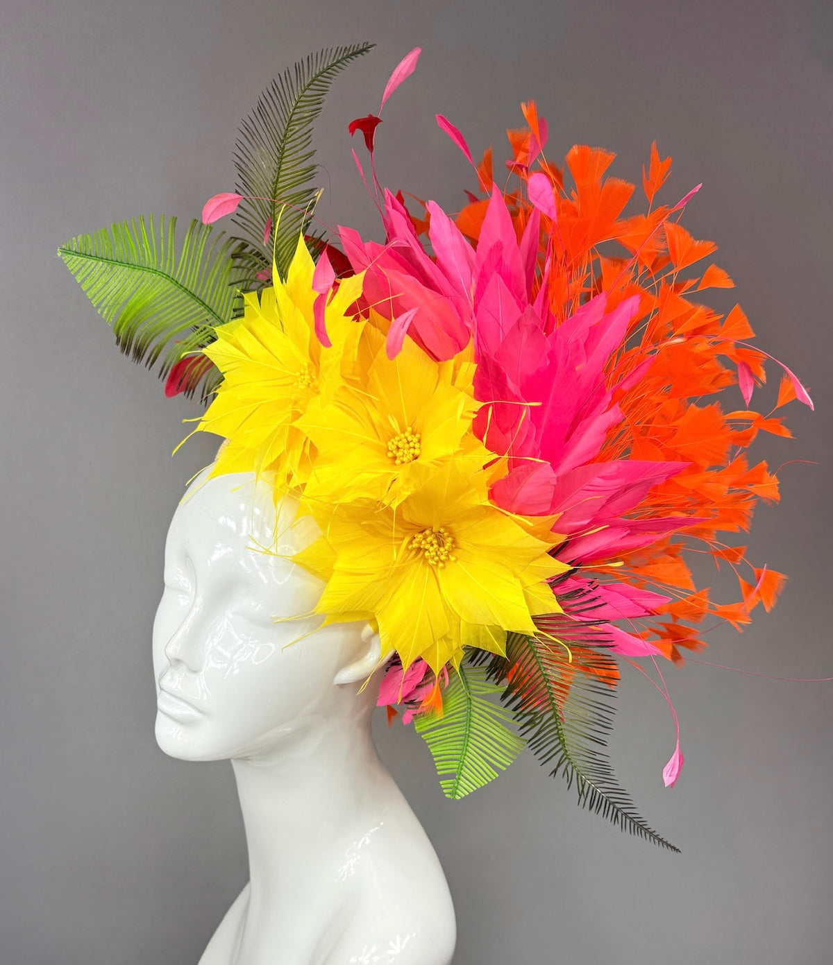 Kentucky Derby Fascinator Hat | Yellow dahlias, pink and orange feathers Headpiece | Derbyologie