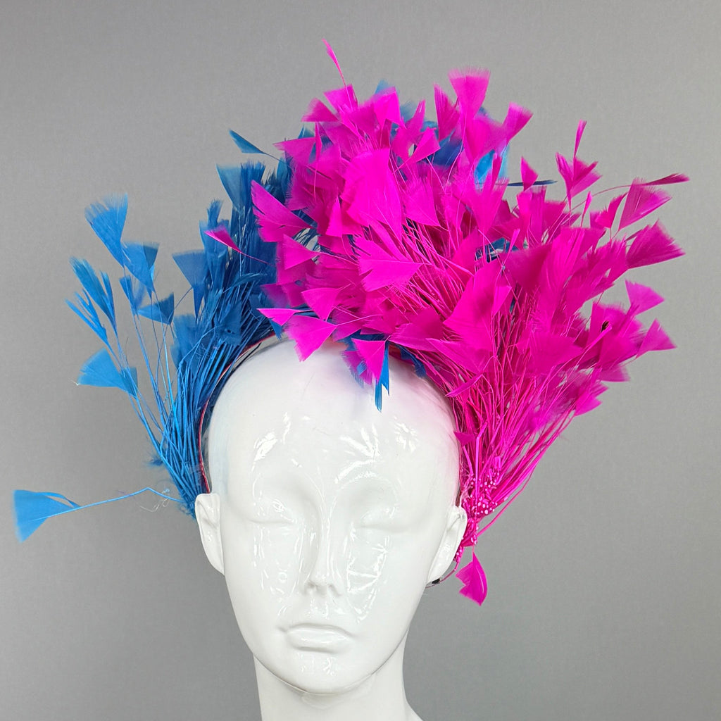 Kentucky Derby Fascinator Hat |Blue and pink feathered Headpiece, created by a 6 year old | Derbyologie