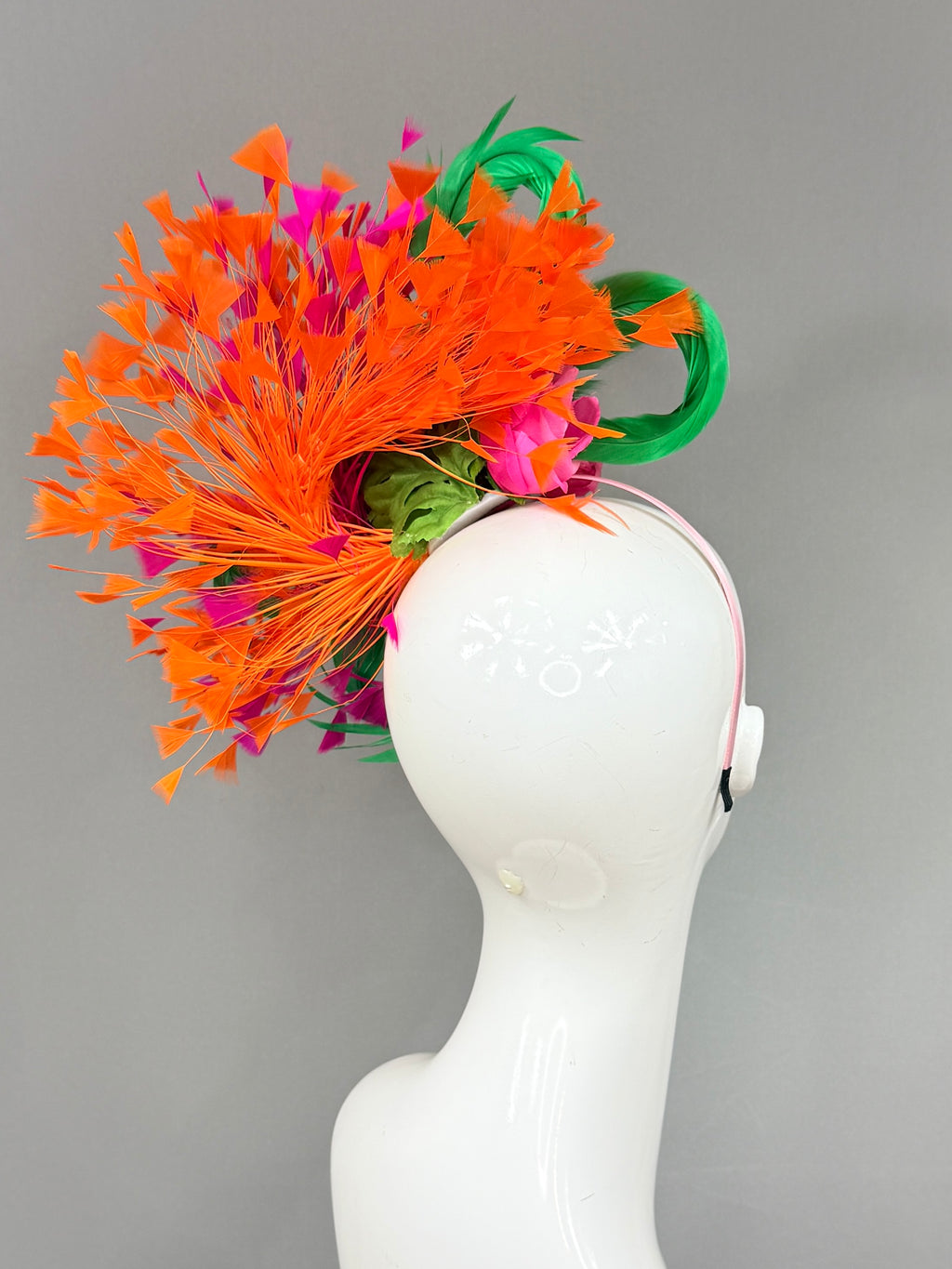 Kentucky Derby Fascinator Hat | Orange, pink, and green feathered Headband Hat | Derbyologie