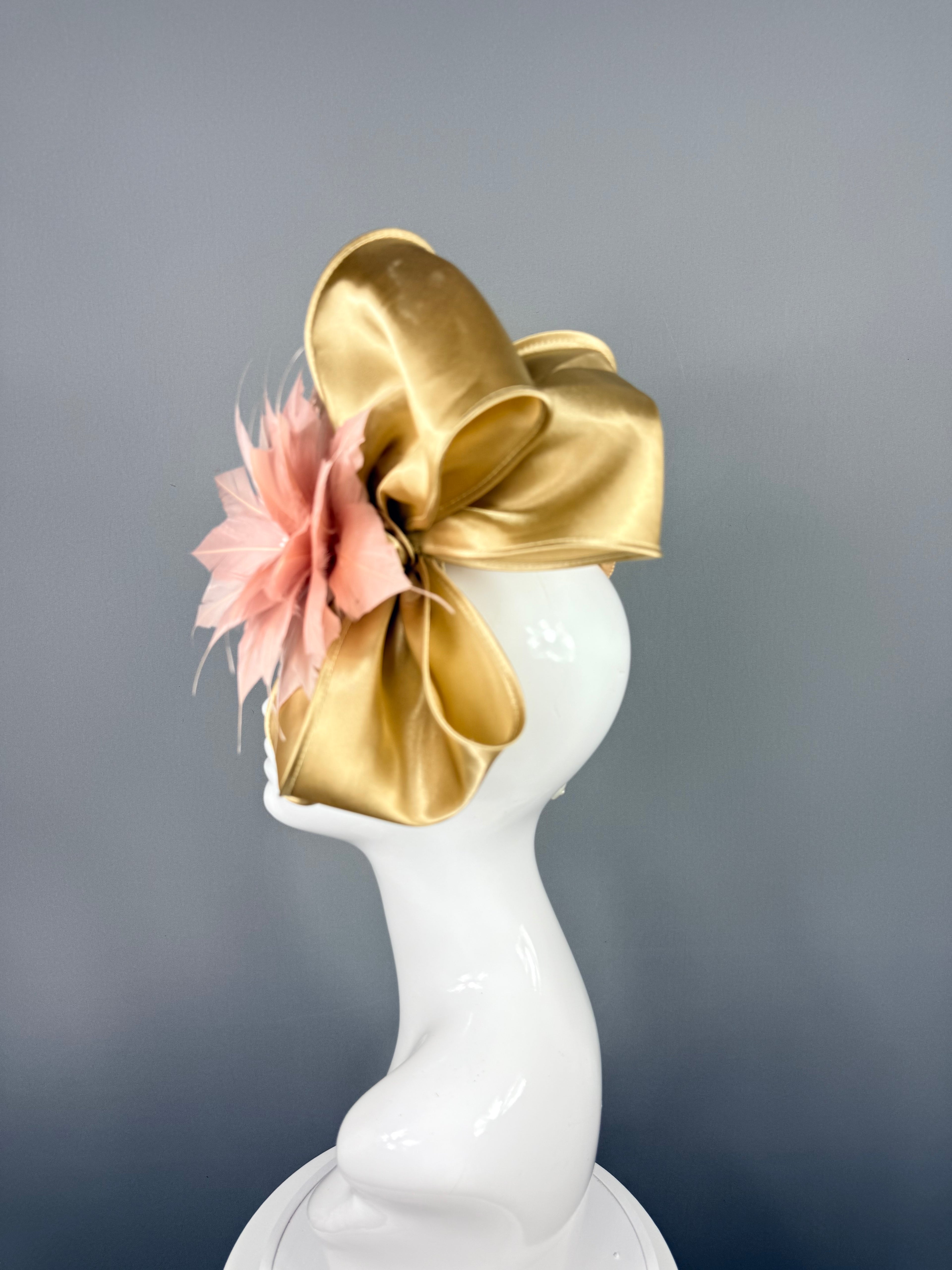 Kentucky Derby Fascinator Hat | Peachy Pink & Gold Bow Headpiece | Derbyologie