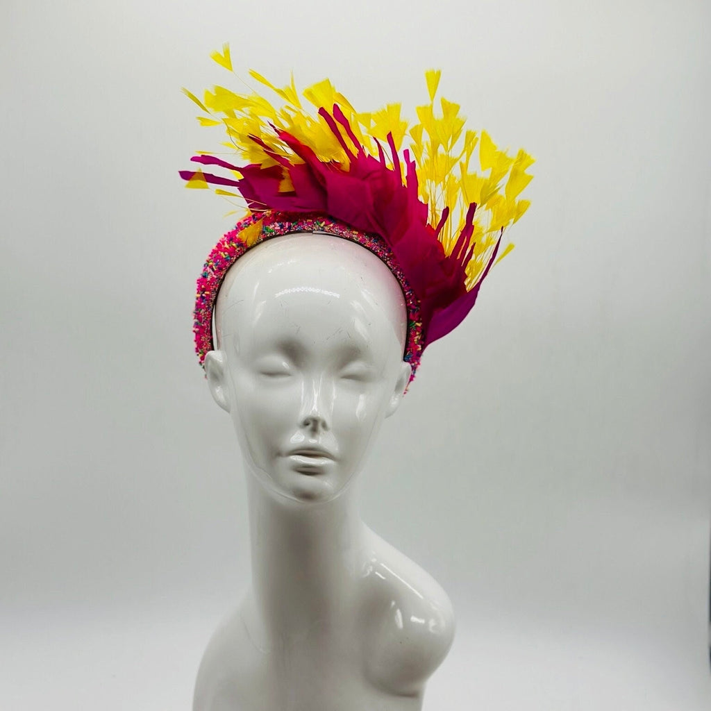 Pink and Yellow Derby Fascinator, Kentucky Derby Hat Alternative, Kentucky derby hat (GOLD LINE)