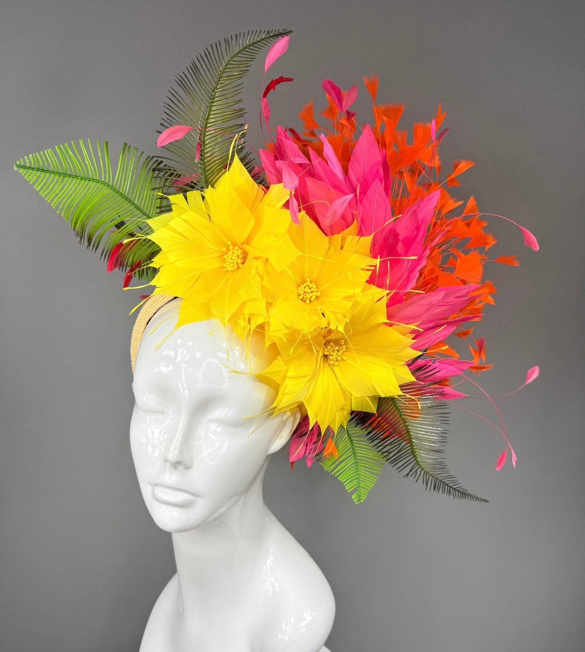 Kentucky Derby Fascinator Hat | Yellow dahlias, pink and orange feathers Headpiece | Derbyologie