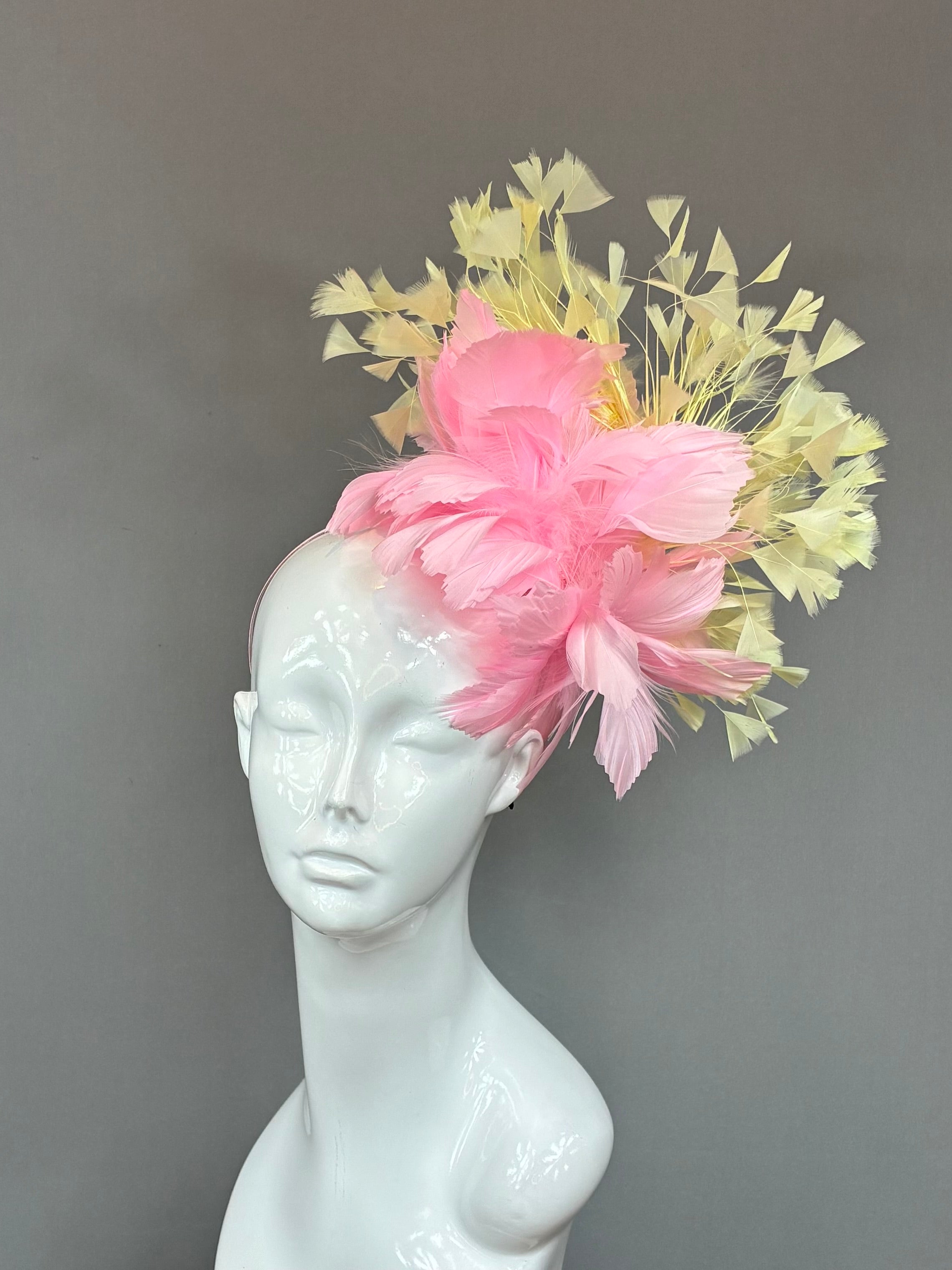 Kentucky Derby Fascinator Hat | Pink and yellow feathered Headband Hat | Derbyologie
