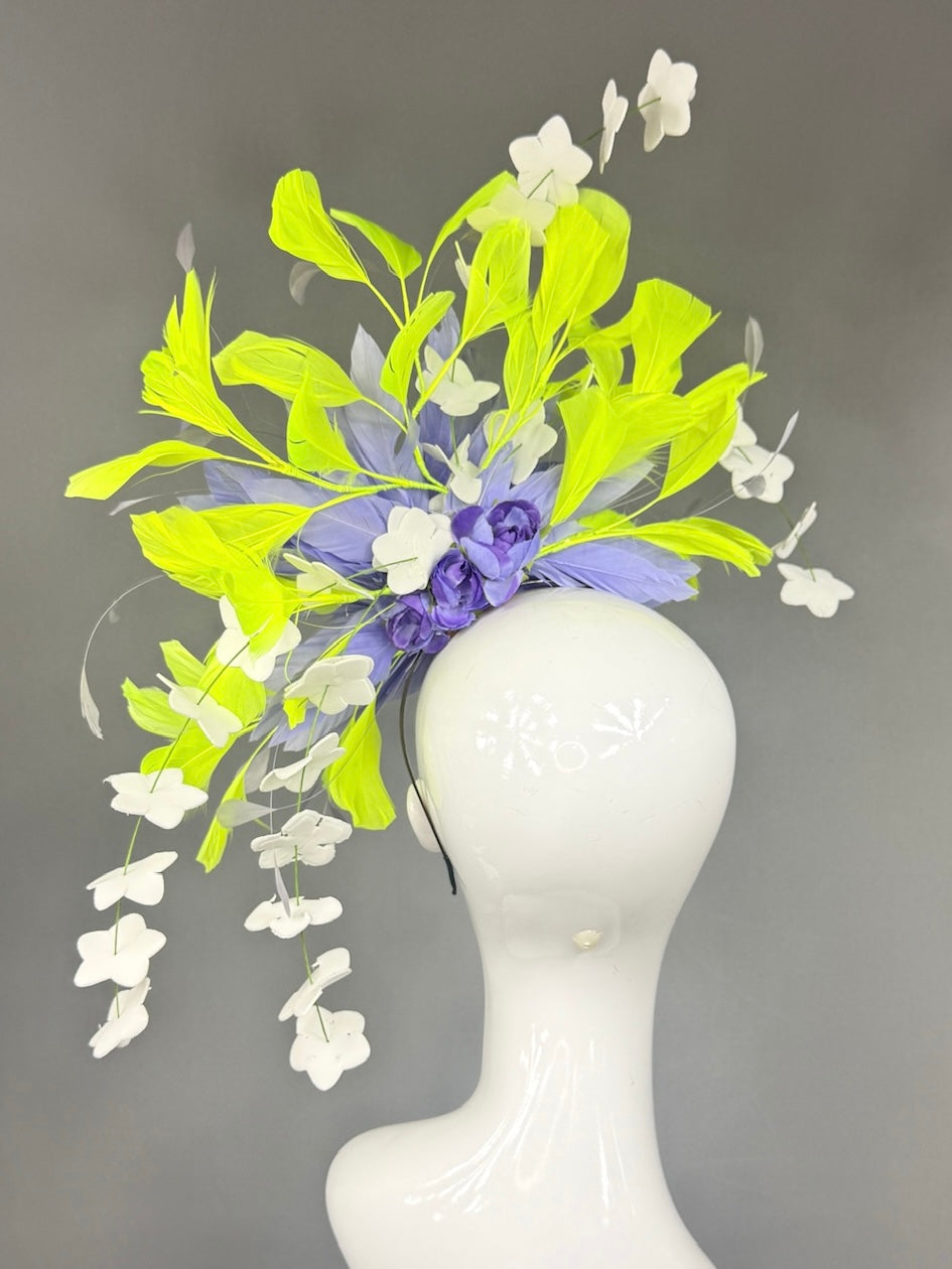Kentucky Derby Fascinator Hat |  Purple and lime green feathers and white flowers Headpiece | Derbyologie