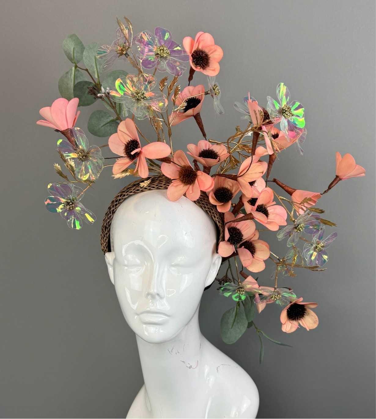 Kentucky Derby Fascinator Hat | Peachy Pink & Green Flower Headpiece | Derbyologie