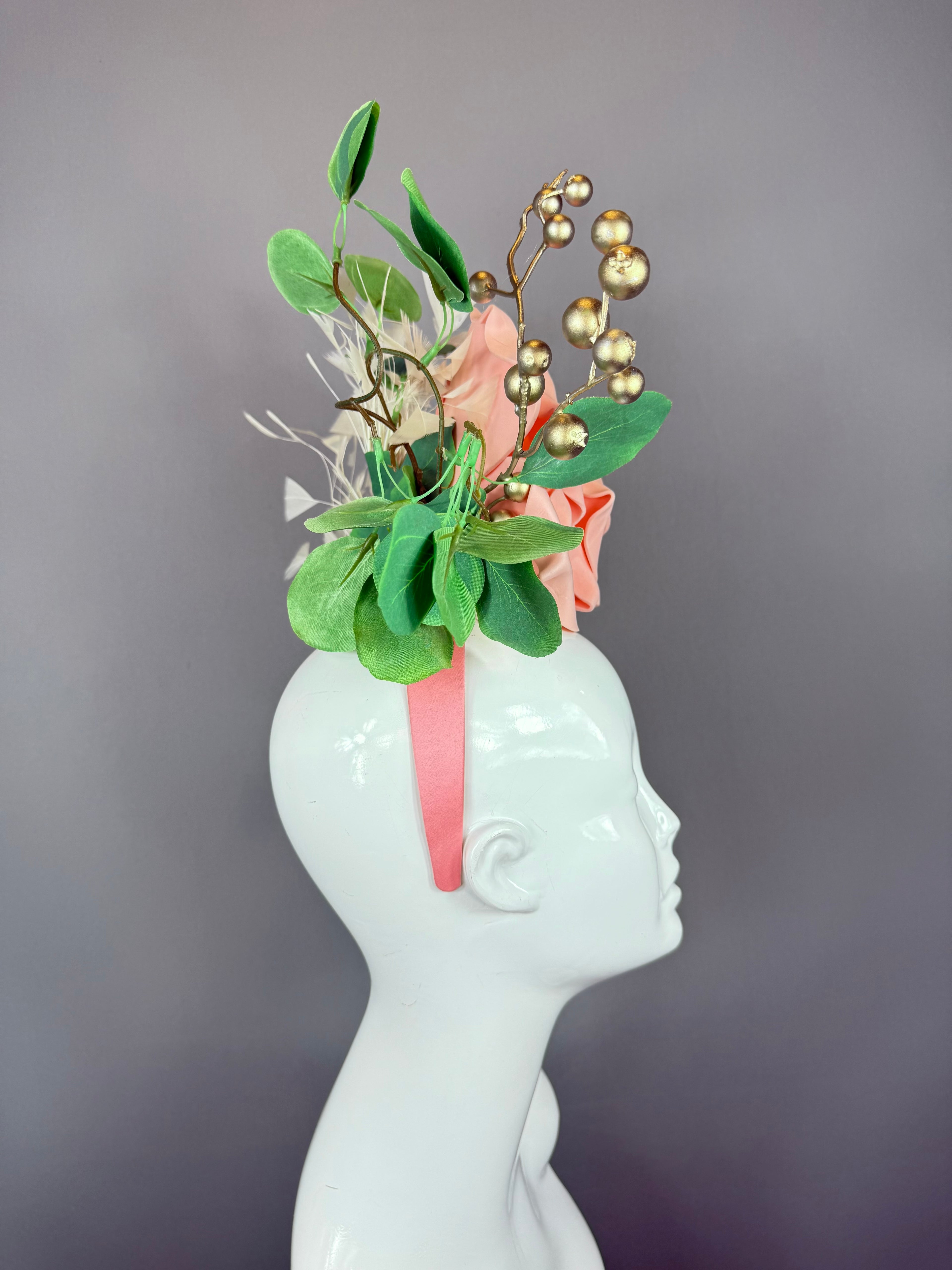 Kentucky Derby Fascinator Hat | Peachy Pink & Green Flower Headpiece | Derbyologie