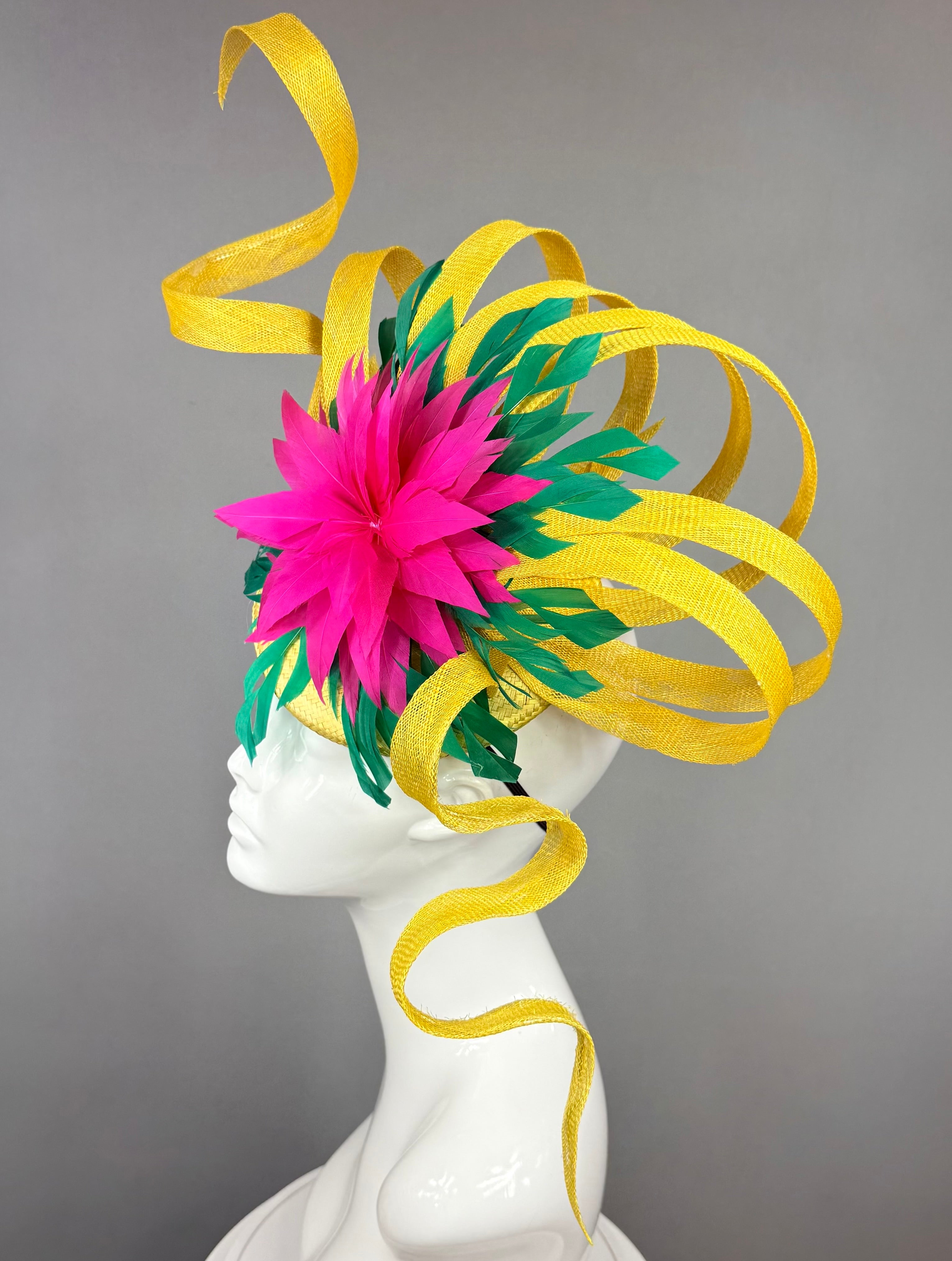 Kentucky Derby Fascinator Hat | Fuchsia, green, and yellow  Headband Hat | Derbyologie