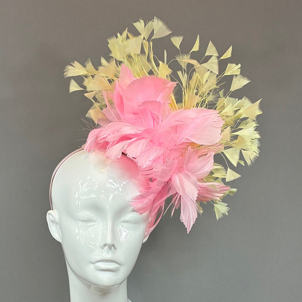 Kentucky Derby Fascinator Hat | Pink and yellow feathered Headband Hat | Derbyologie