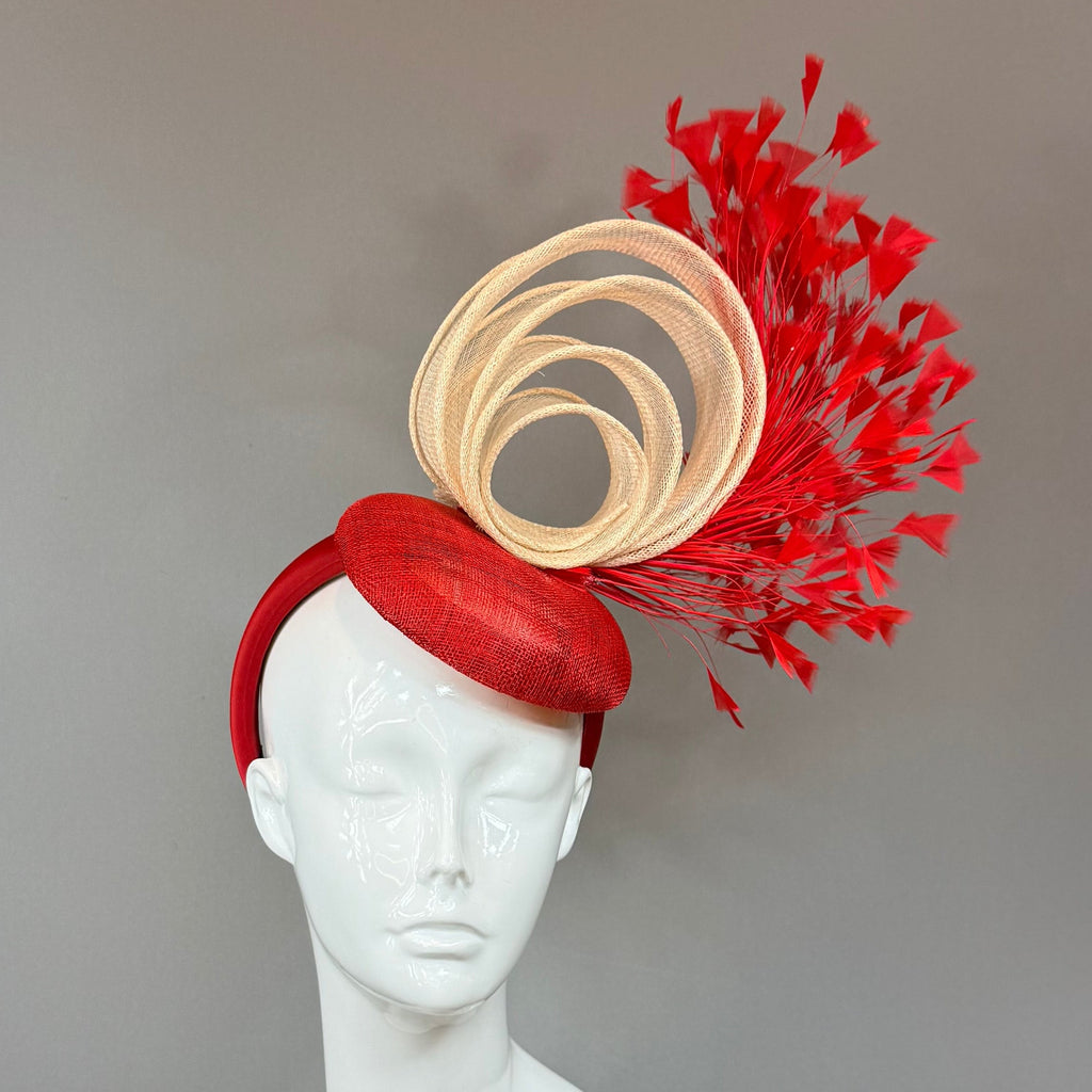 Kentucky Derby Fascinator | Red and Beige Feather Hat | Derbyologie