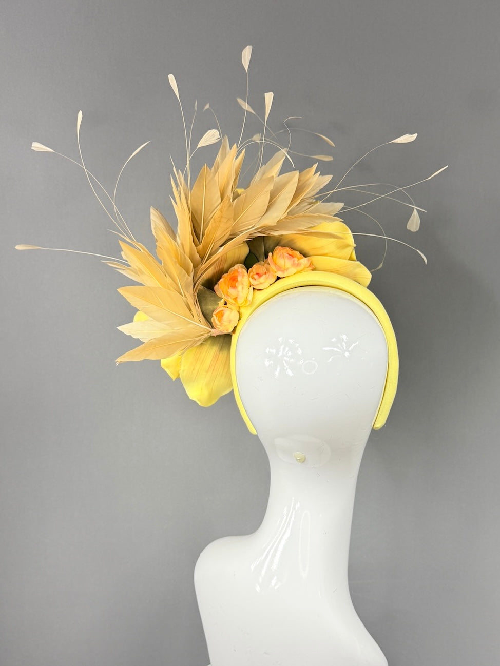 Kentucky Derby Fascinator Hat |oversized yellow magnolias and beige feathers Headpiece | Derbyologie