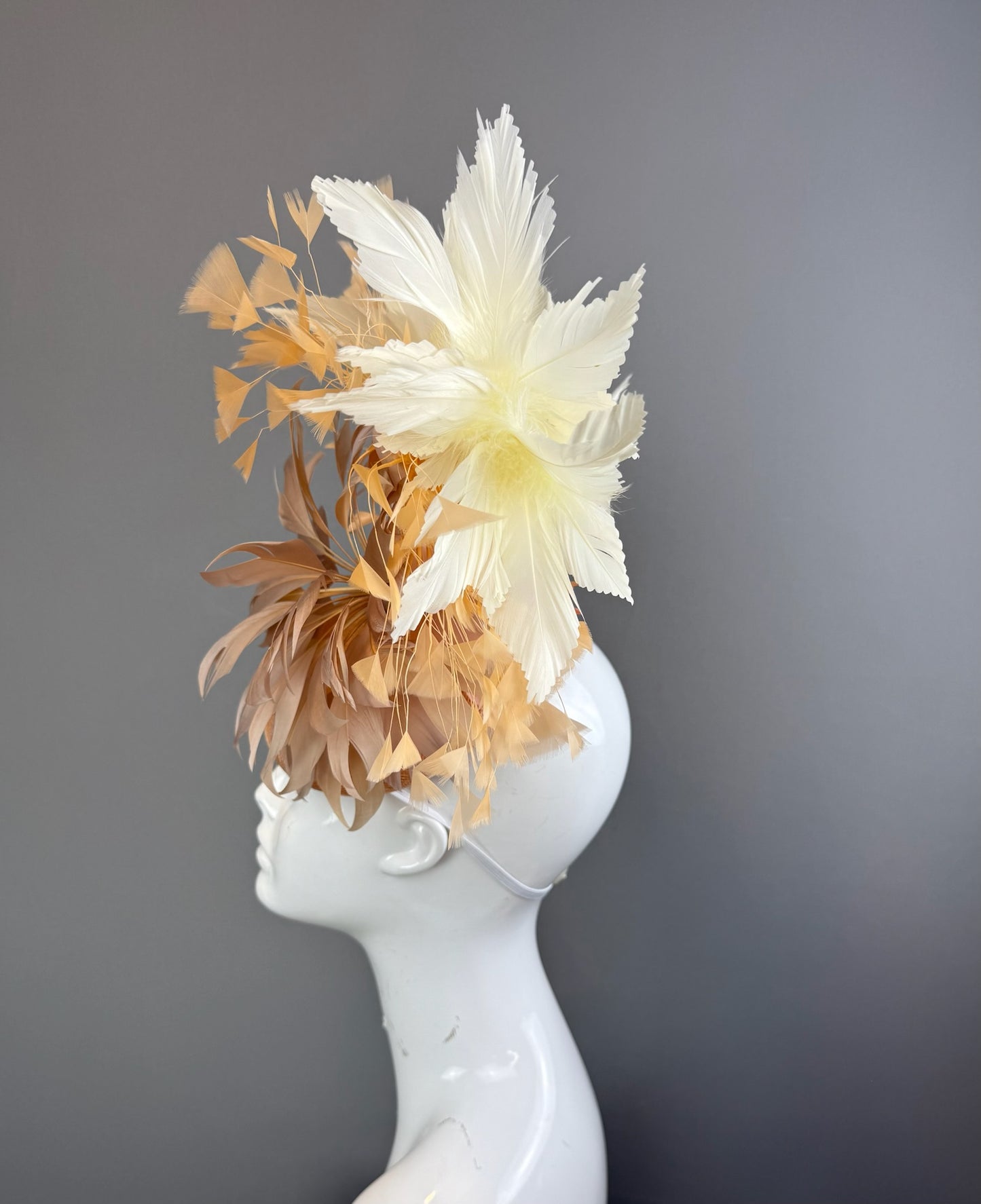 Tan and White Kentucky Derby fascinator, Derby Hat Alternative (GOLD LINE)